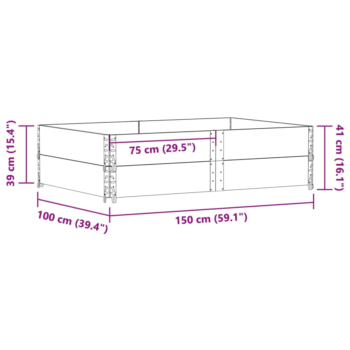 Un letto da giardino rialzato di 150 cm di lunghezza, 100 cm di larghezza e 39 cm di altezza.