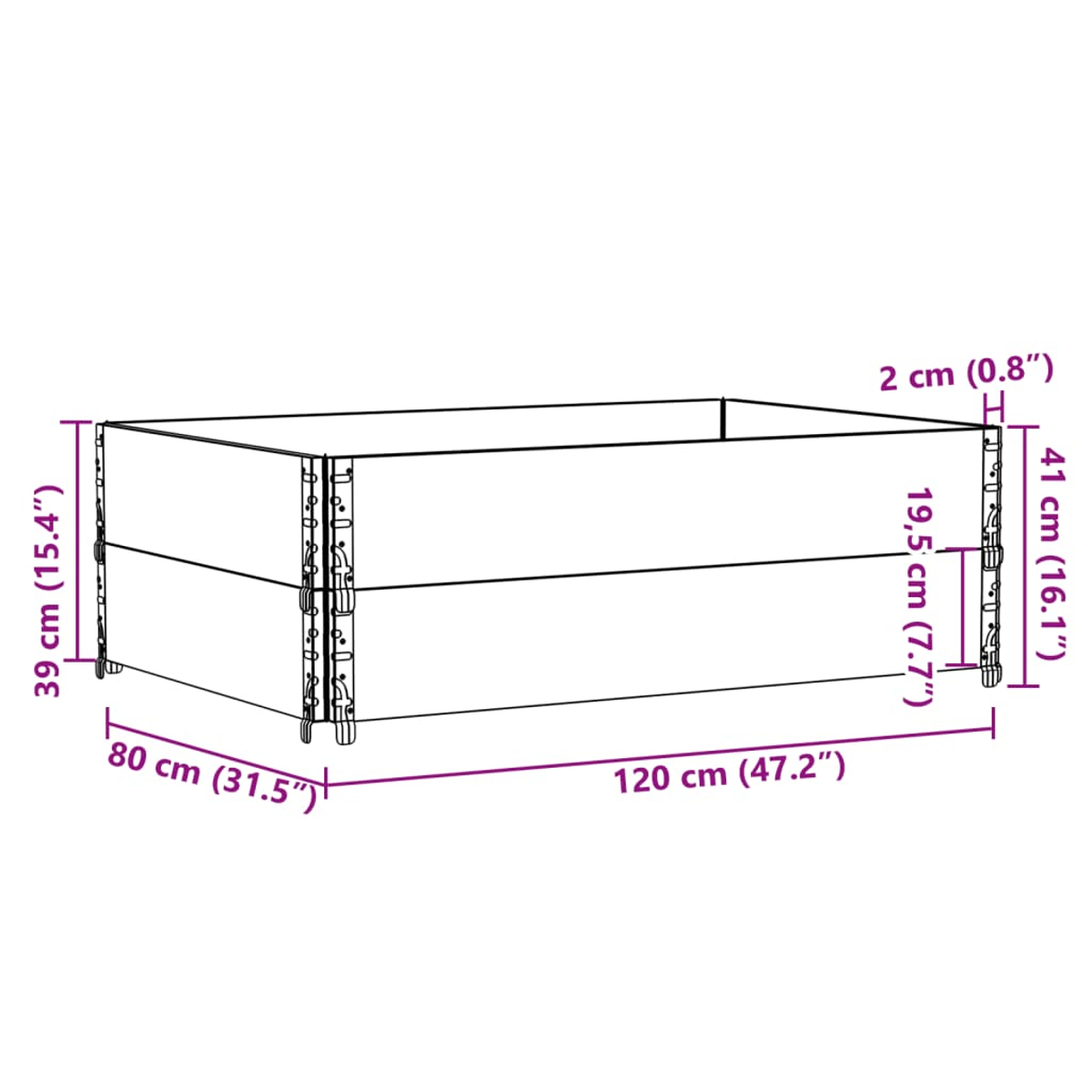 Ein rechteckiger Hochbeet mit Maßen: 120x80x41 cm. Höhenangaben sind 39, 19,5, 2 cm.