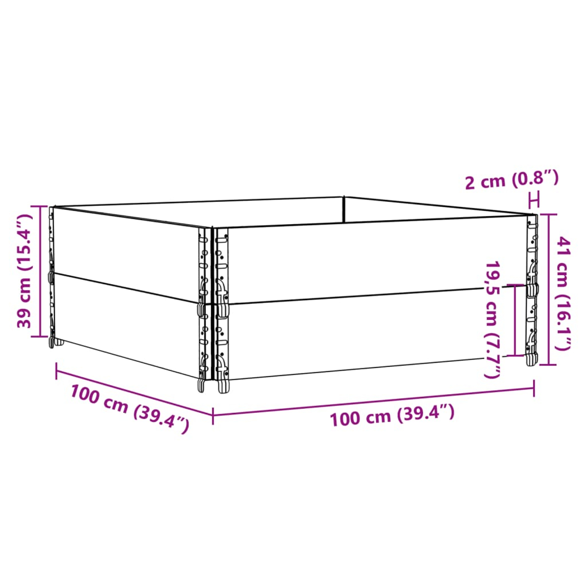 Kit di aiuola rialzata rettangolare con dimensioni 100x100x39 cm.
