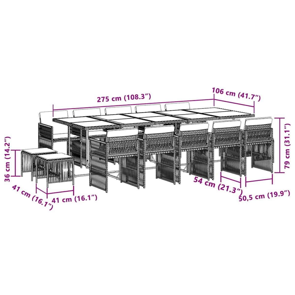 Set da pranzo da giardino in rattan con 8 sedie e 2 sgabelli, dimensioni indicate.
