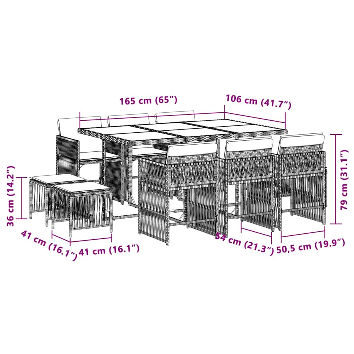 Diagramm eines Esstisches aus Rattangeflecht mit Maßen.