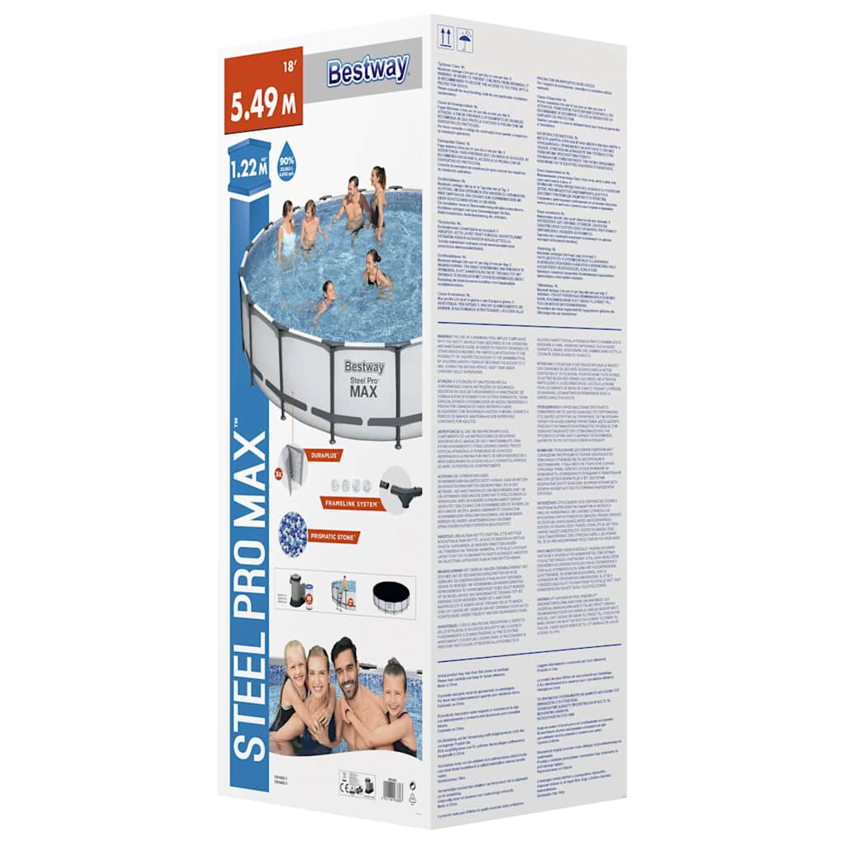 Verpackung eines runden Bestway Steel Pro MAX Pools mit Familie und Maßen.