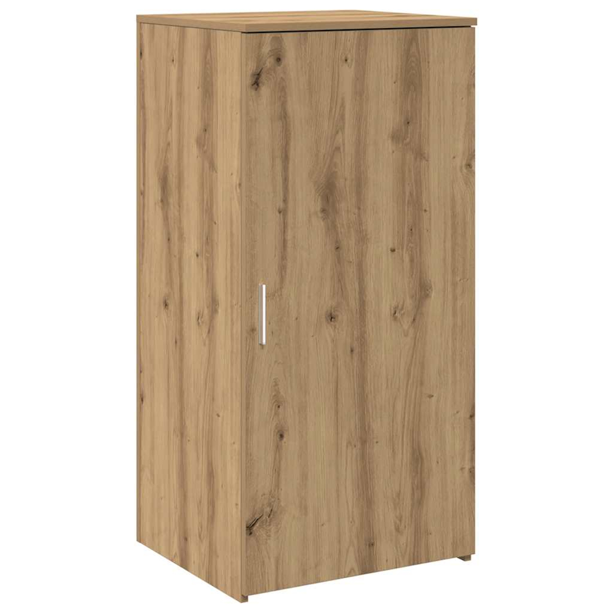 Ein schmaler Holzschrank mit einer Tür und einem silbernen Griff.