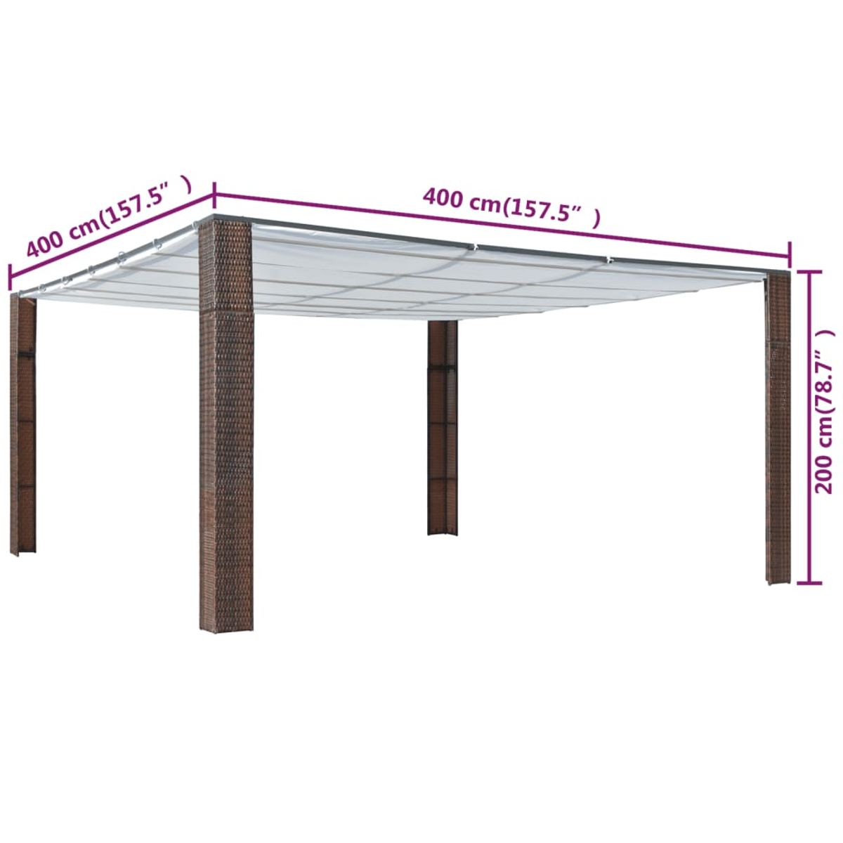 Ein brauner Pavillon mit weißem Dach, 400x400x200 cm.