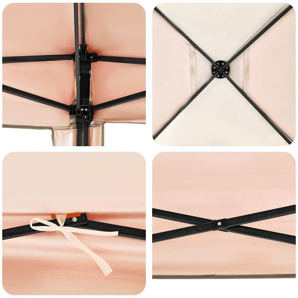 Primo piano della struttura della tenda con dettagli in tessuto beige.