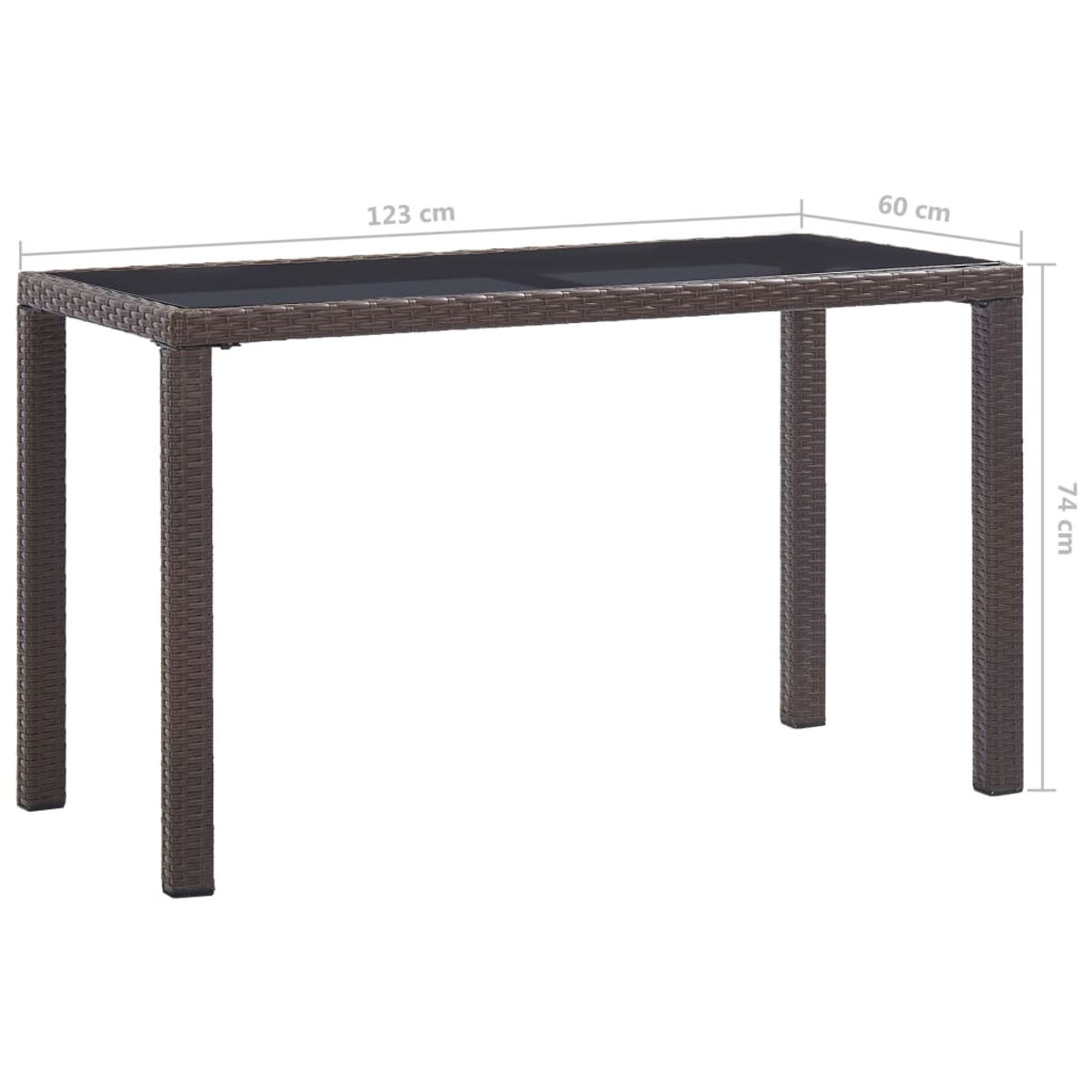 Brauner Rattan-Tisch mit Glasplatte, 123x60x74 cm.