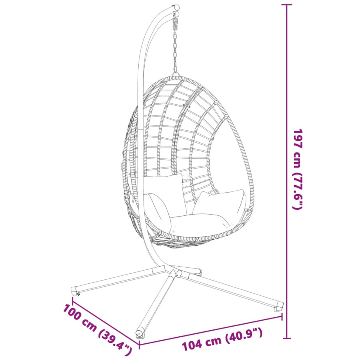 Ein Hängekorbstuhl mit Kissen, Maße: 197cm H, 104cm B, 100cm T.