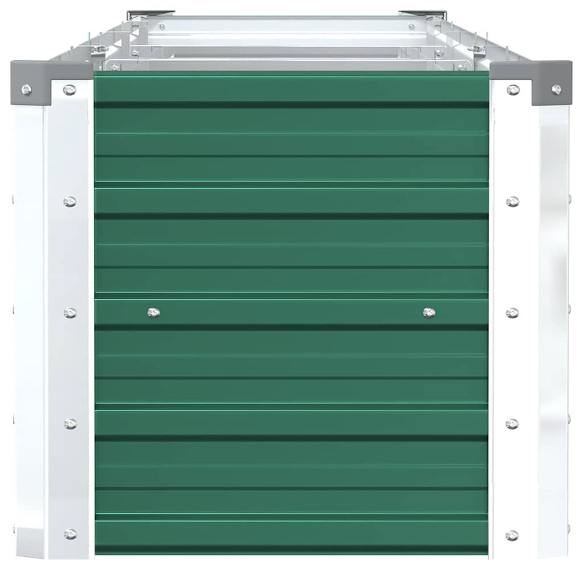 Grüne Wellblechwand mit silbernen Vertikalstreifen und sichtbaren Schrauben.