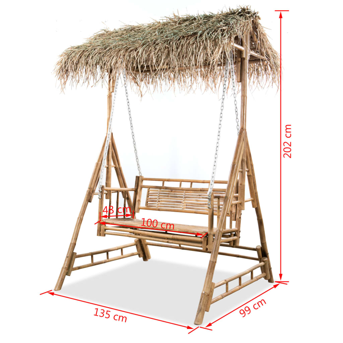 Bambus-Schaukelsitz mit Strohdach. Angezeigte Maße: 202cm H, 135cm B, 99cm T, 100cm Sitz B, 43cm Sitz H.