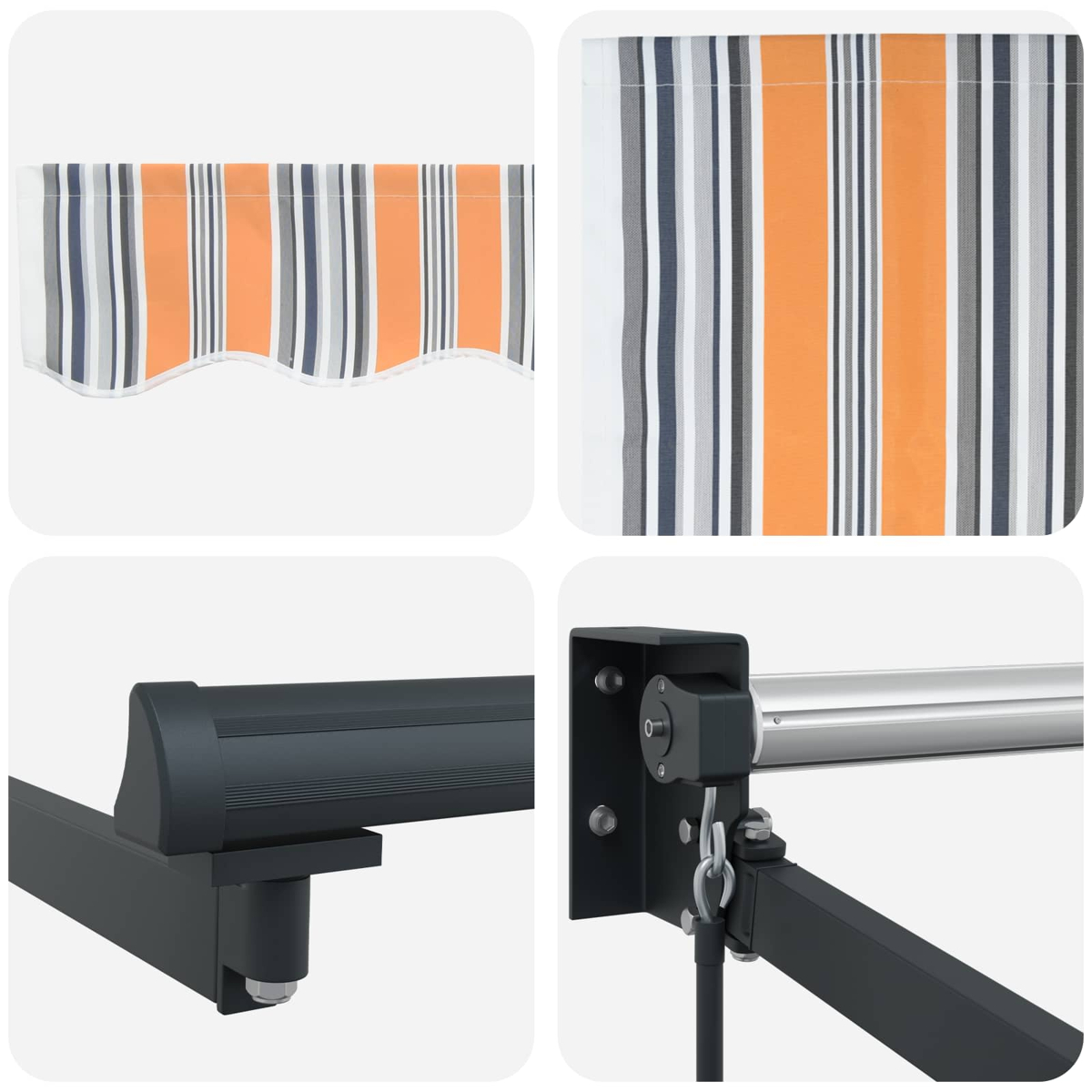 Markise mit orange-grauen Streifen und detaillierter Montagehalterung.