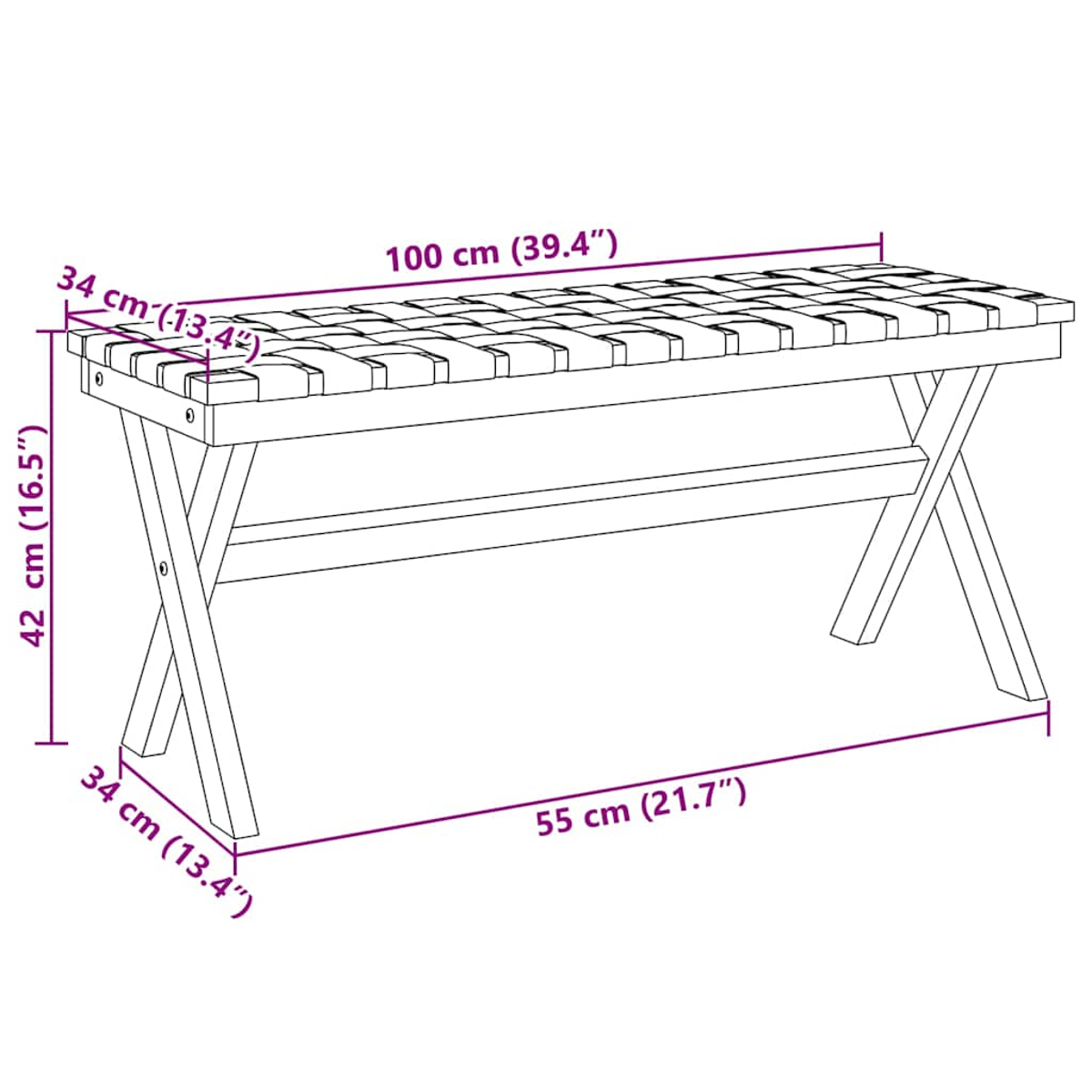 Una panca in legno con gambe a X. Dimensioni: 100x34x42cm.