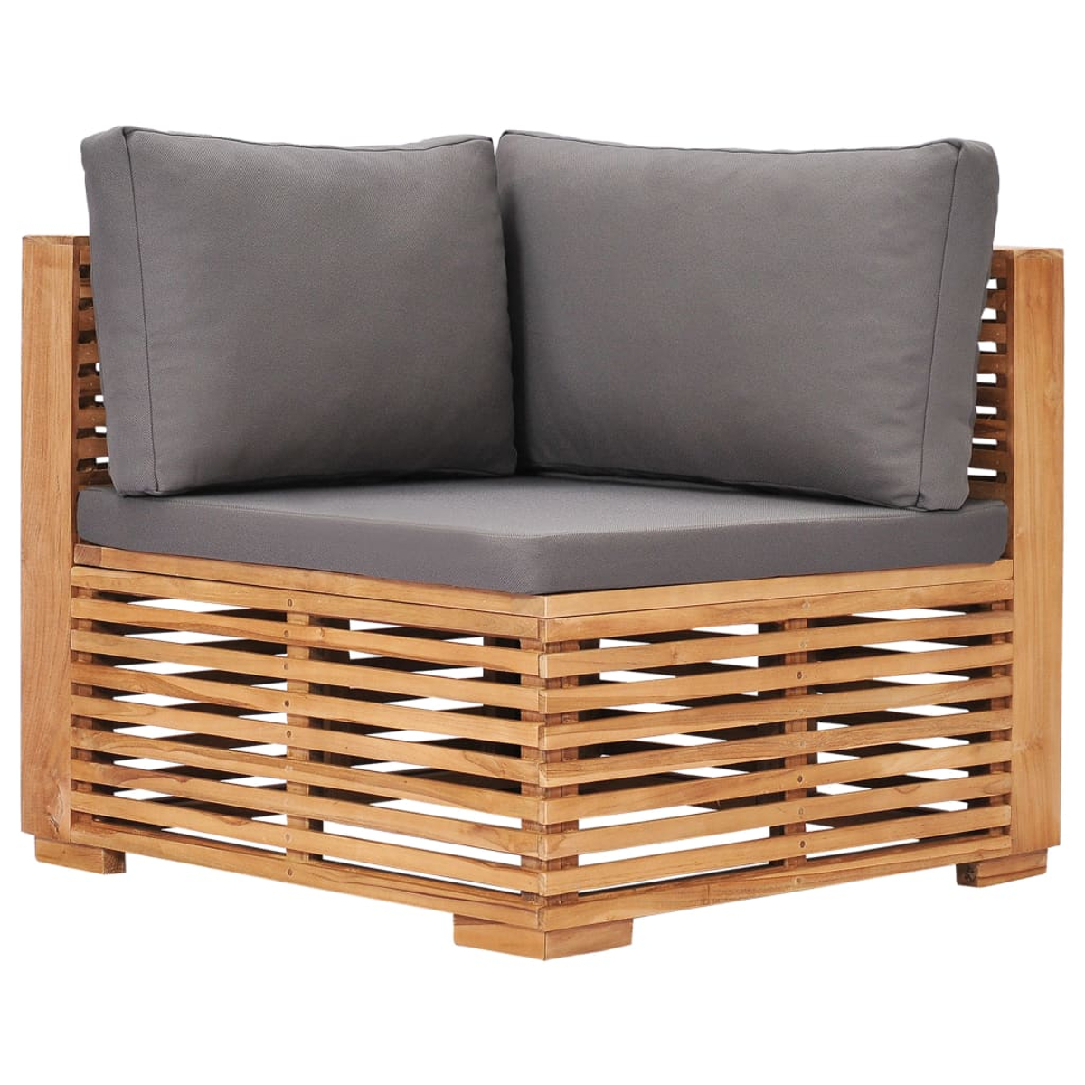Ecksofa aus Holz mit grauen Kissen und Lamellenfront.