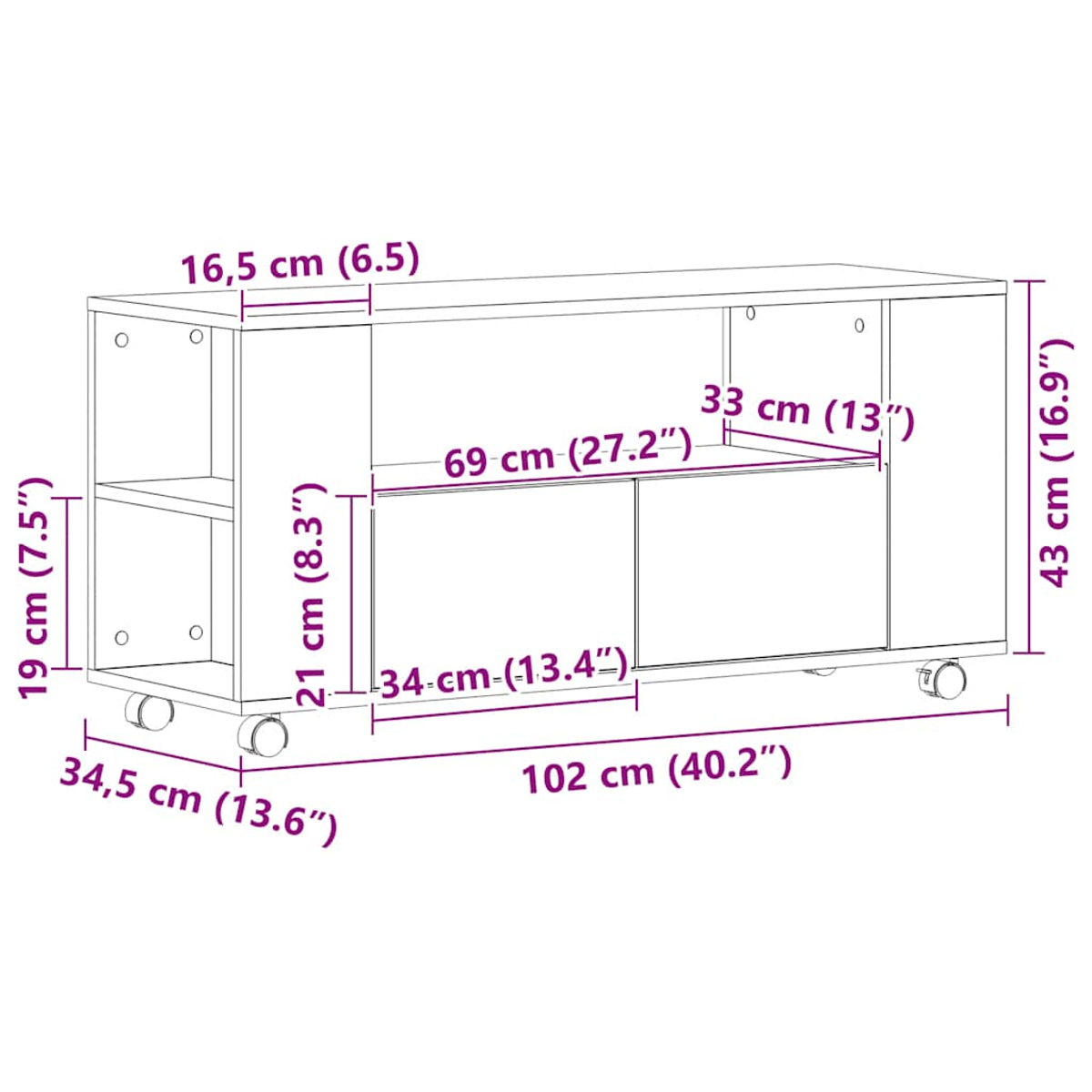 Ein weißer TV-Schrank mit Rollen, Maße werden angezeigt.