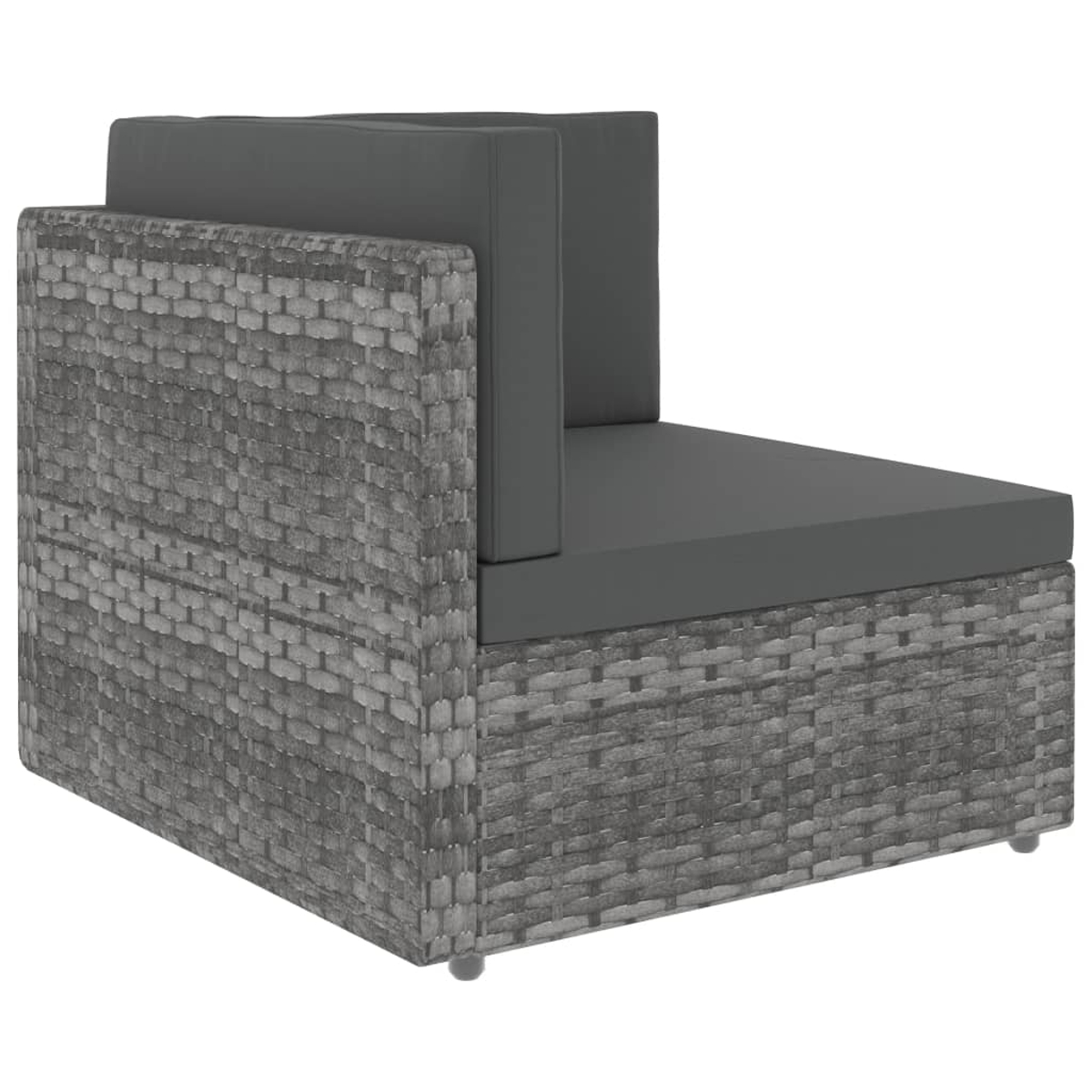 Grauer Rattansofa-Eckteil mit dunklen Kissen und sichtbarer Korbstruktur.