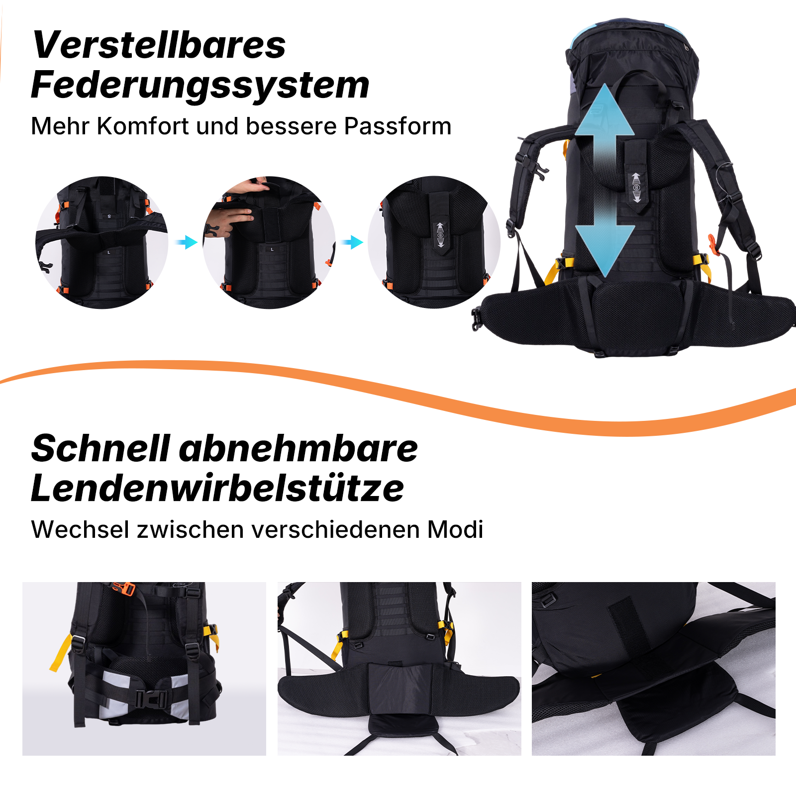 Ein schwarzer Rucksack mit verstellbarem Tragesystem und Lendenwirbelstütze.