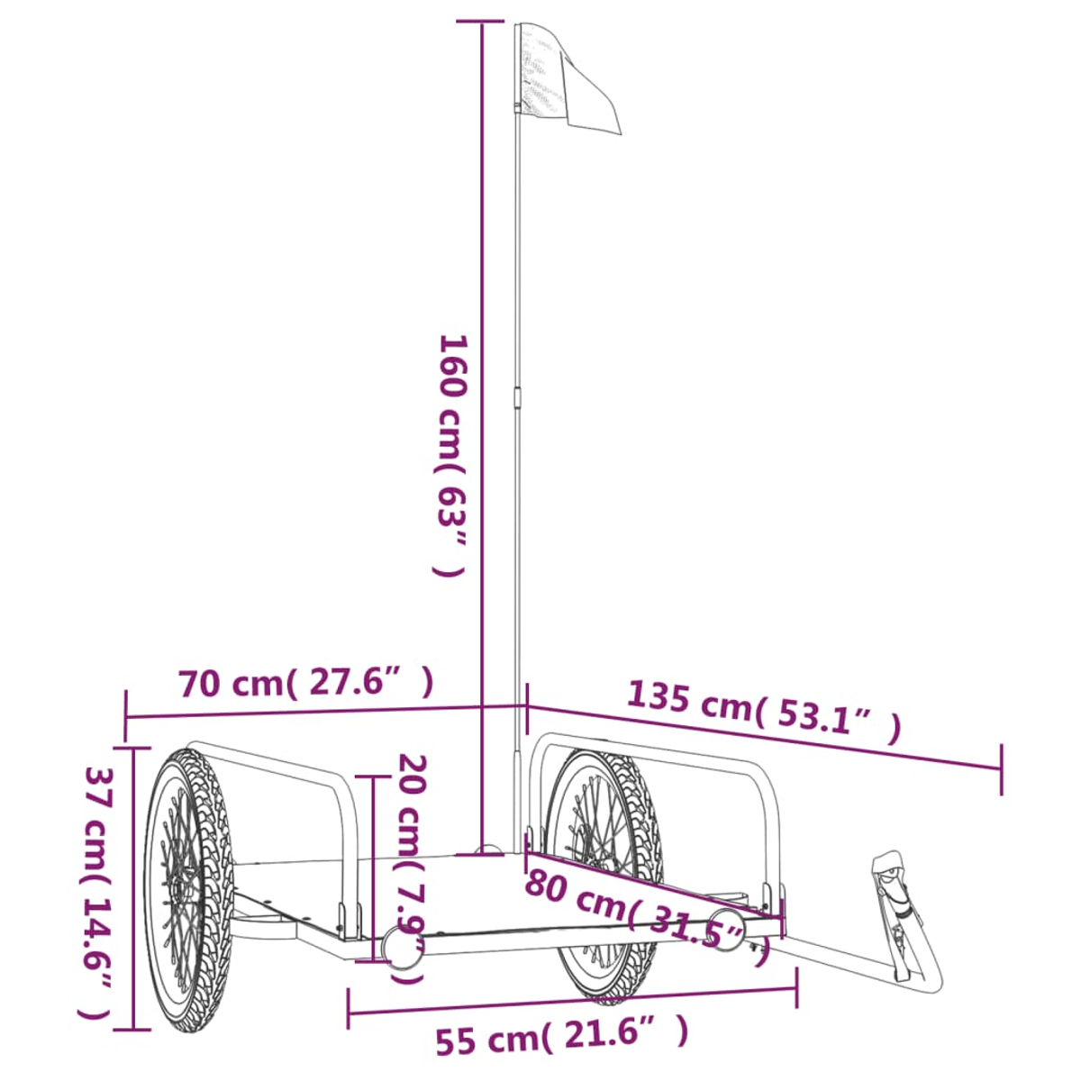 Diagramm eines zweirädrigen Anhängers mit Maßen in cm und Zoll.
