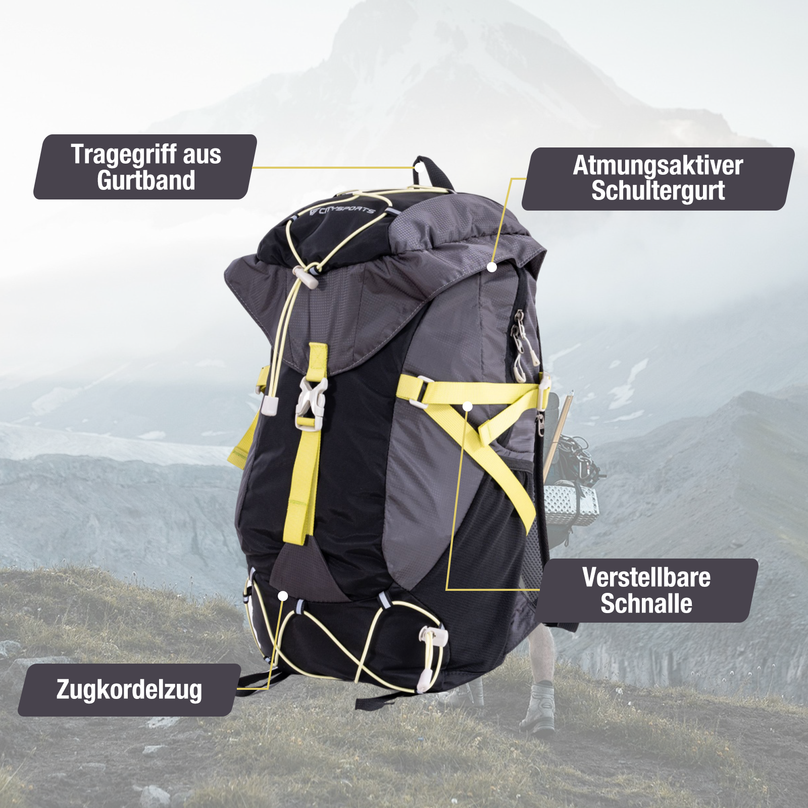 Grauer und schwarzer Rucksack mit gelben Akzenten, Berglandschaft im Hintergrund.