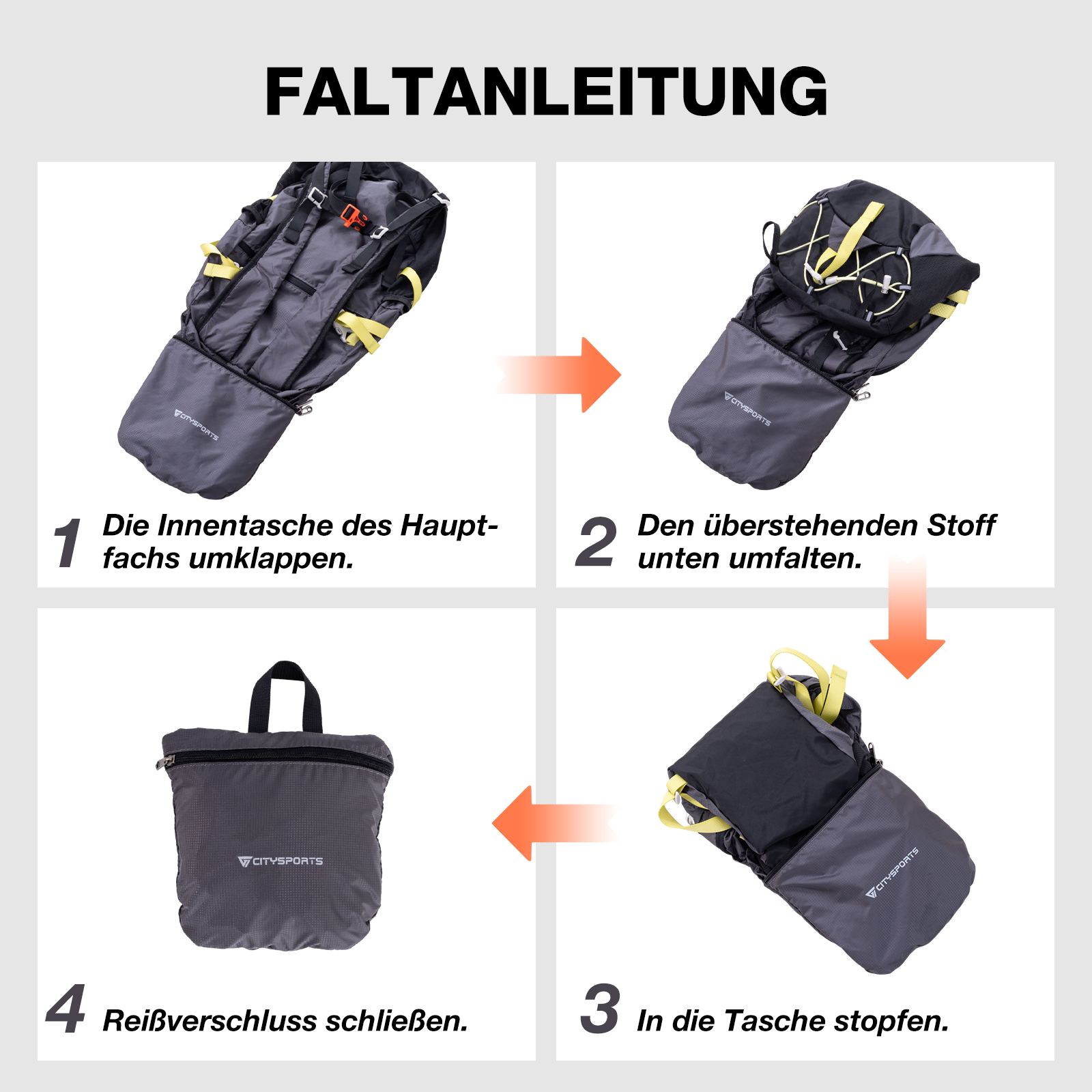 Anleitung zum Zusammenfalten eines Rucksacks in vier Schritten.