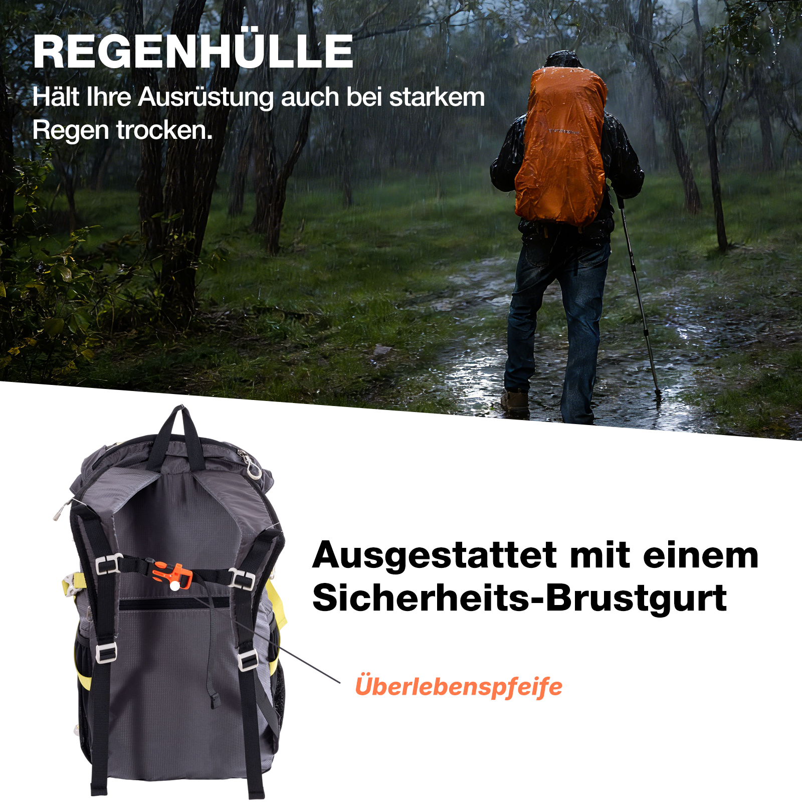 Ein Mann wandert bei starkem Regen mit einem orangefarbenen Rucksack.