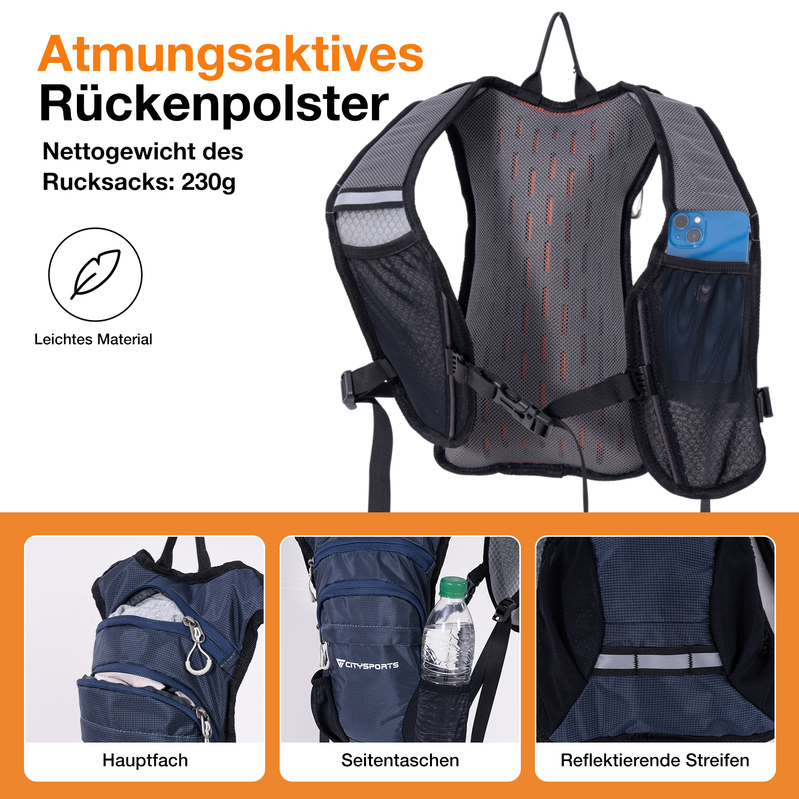 Rucksack mit atmungsaktivem Rückenteil, Handyfach, Hauptfach, Seitentaschen und reflektierenden Streifen.
