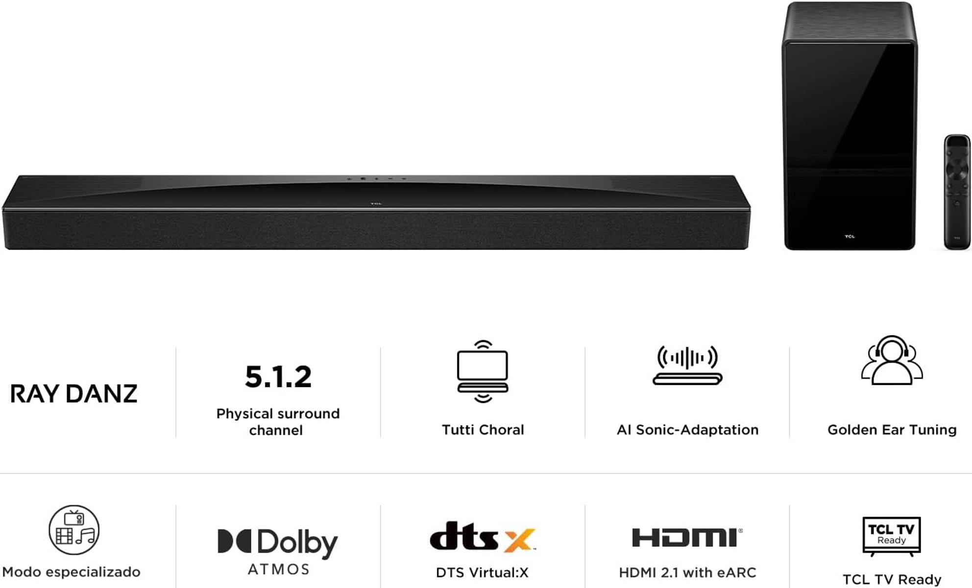 Czarna listwa dźwiękowa, subwoofer i pilot z ikonami funkcji audio.