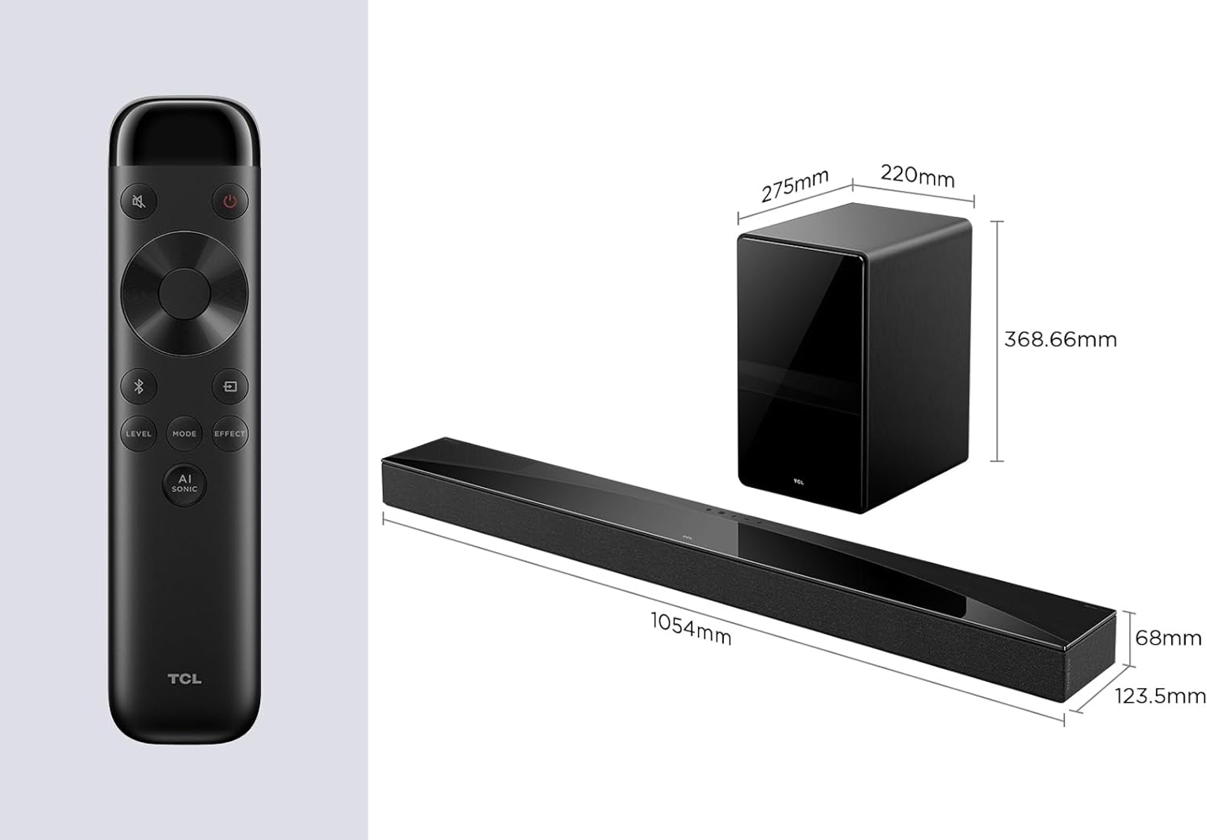 Czarny pilot, soundbar i subwoofer z wymiarami.