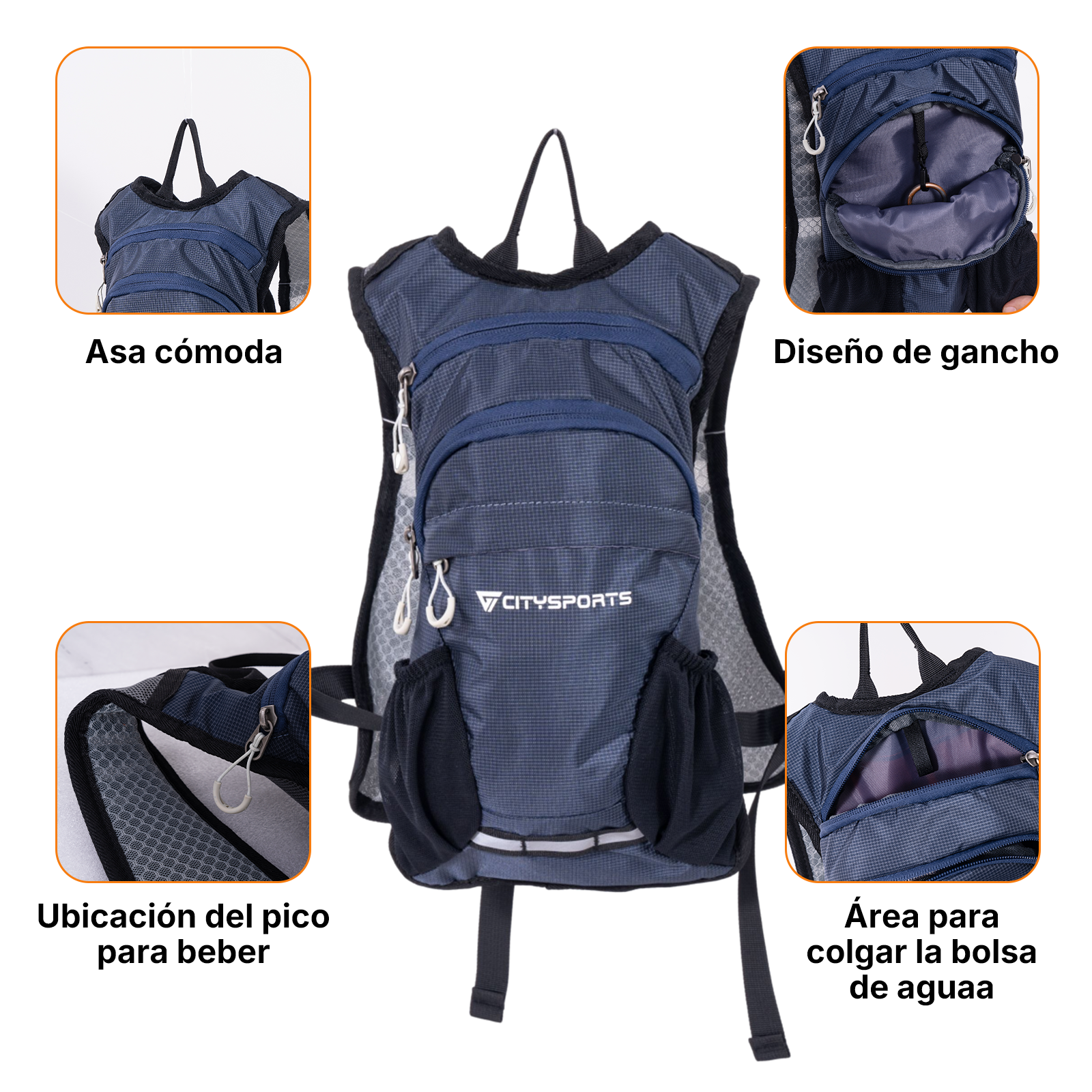 Mochila azul oscuro con múltiples compartimentos y bolsillos.
