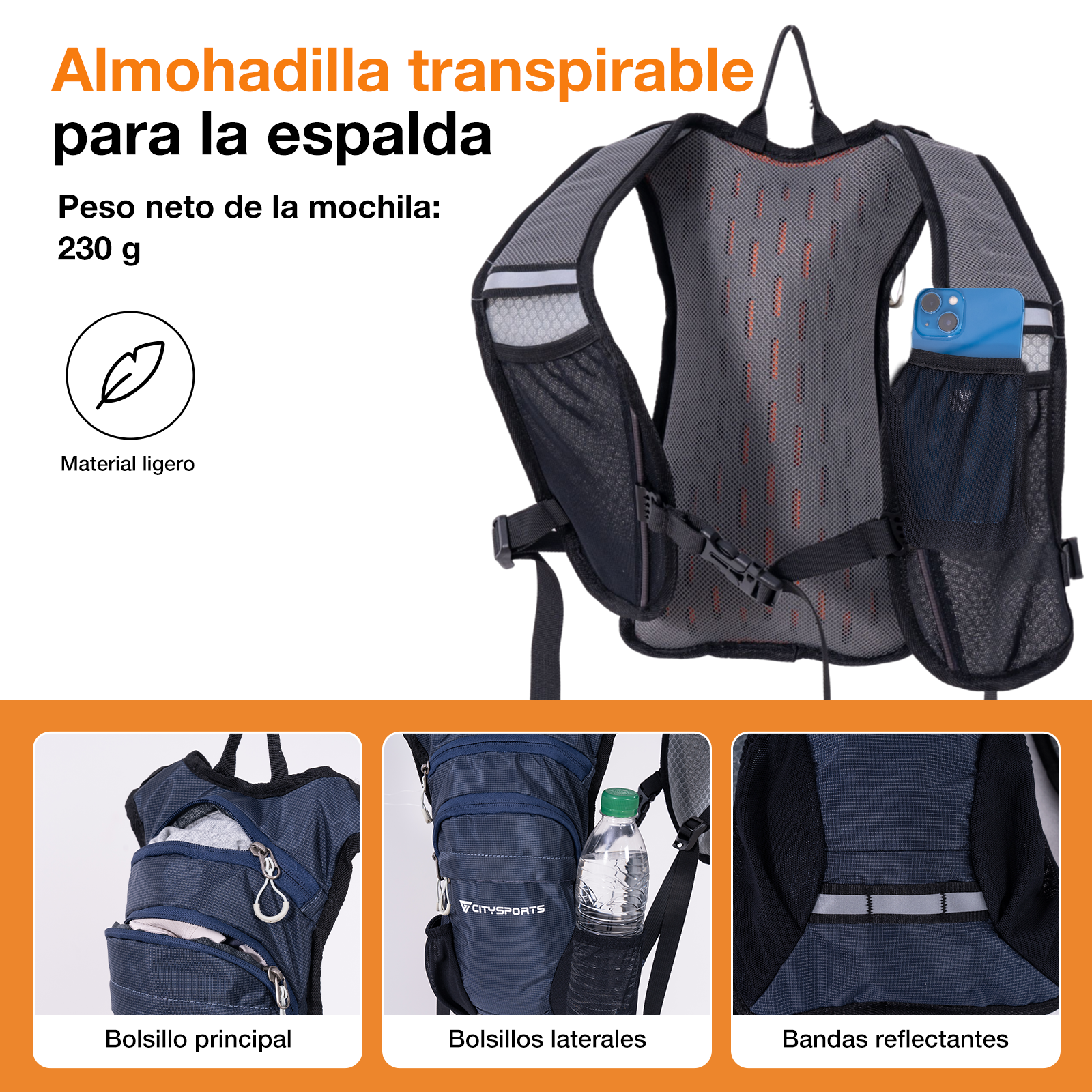 Una mochila de correr azul oscura con compartimento principal y bolsillos.