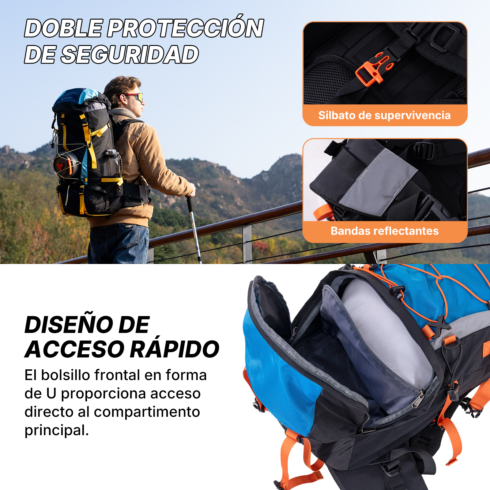 Un hombre con mochila y bastón de trekking frente a montañas. Tomas de detalle muestran hebillas y tiras.