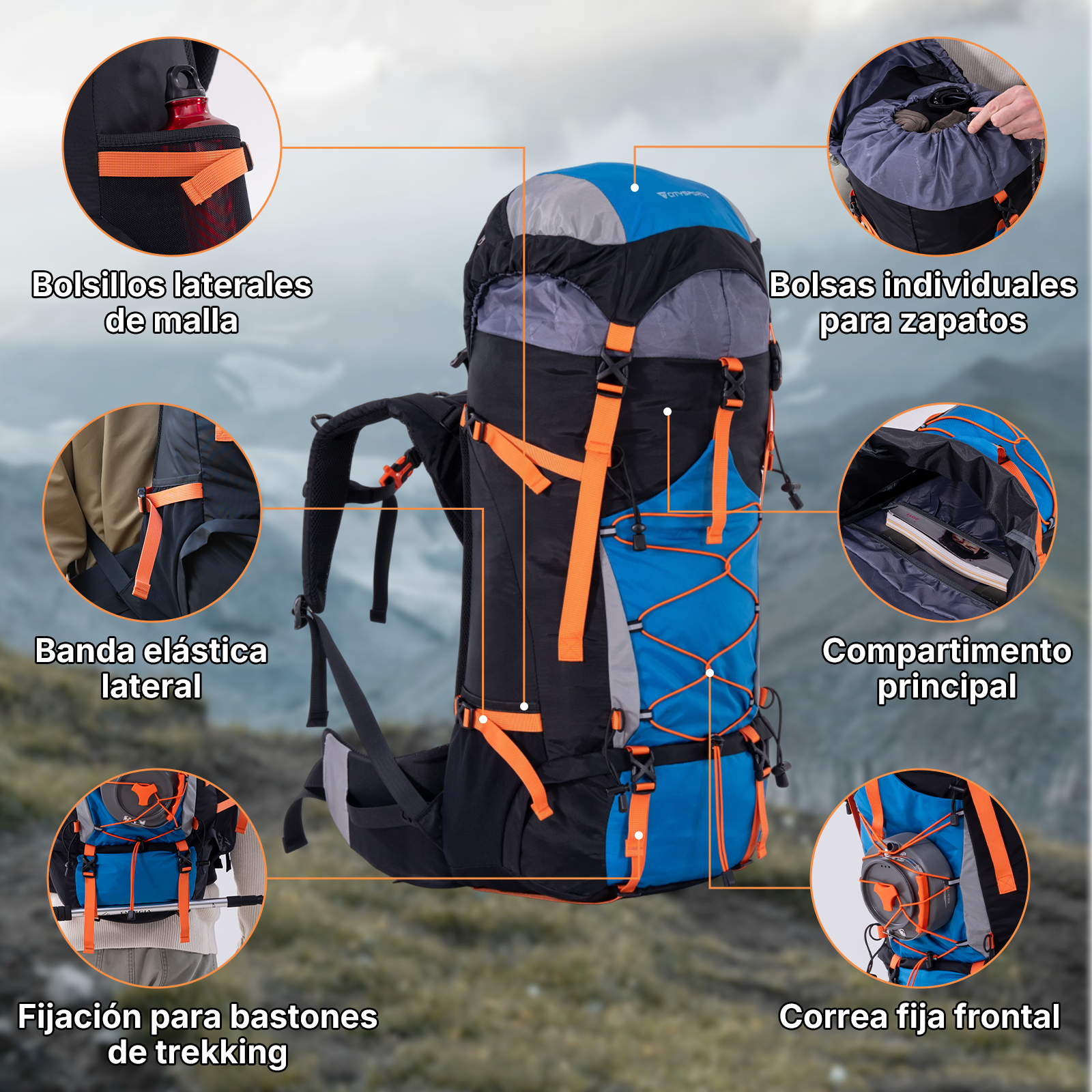 Una mochila de trekking grande con múltiples bolsillos y correas. Es azul, negra y gris.