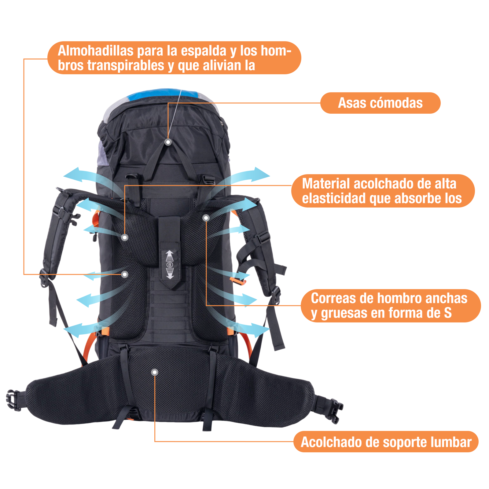 Una mochila negra con etiquetas detalladas que resaltan características.