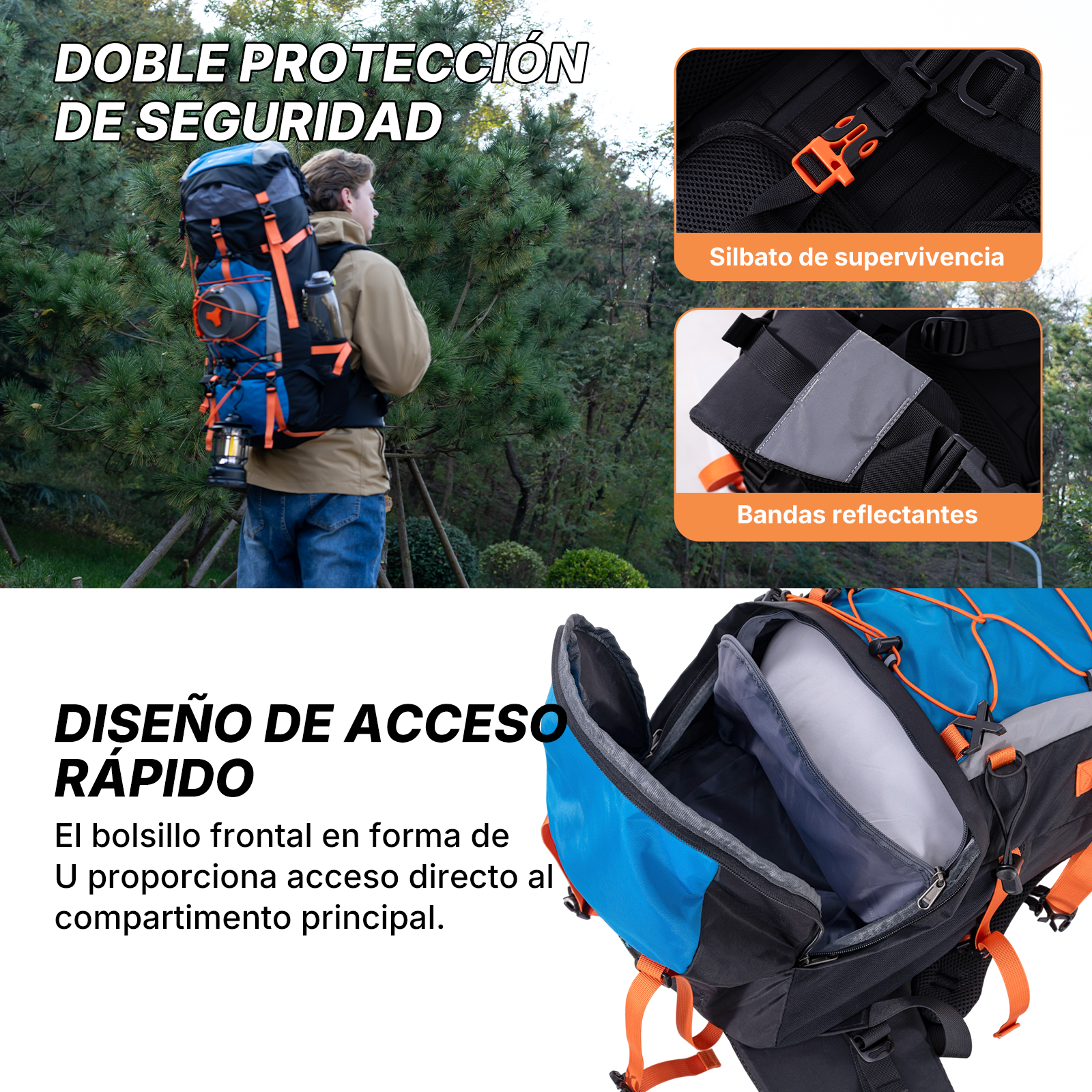 Un hombre con una mochila de senderismo azul y negra con correas naranjas, una linterna y una botella de agua.
