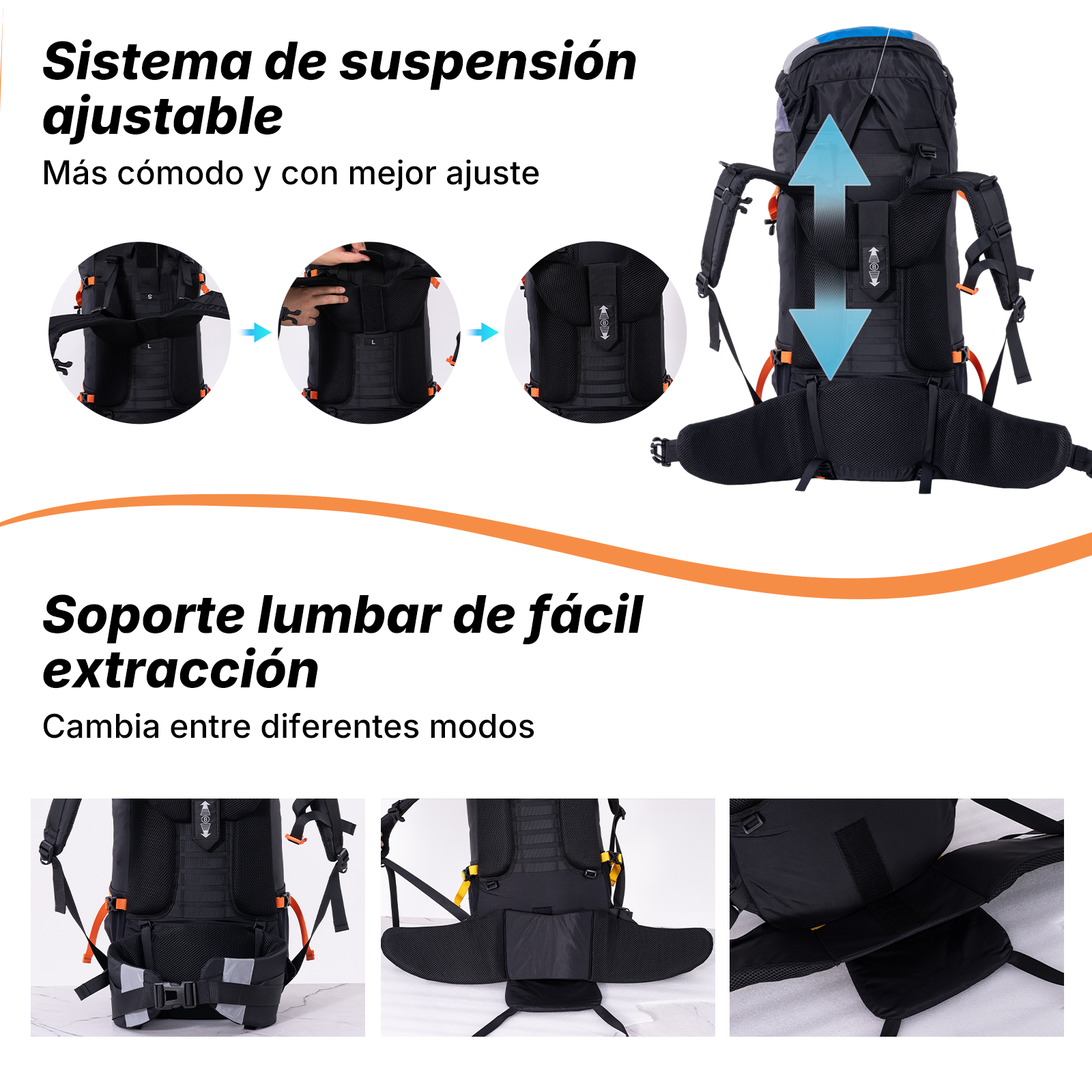 Mochila negra con sistema de suspensión ajustable y soporte lumbar.