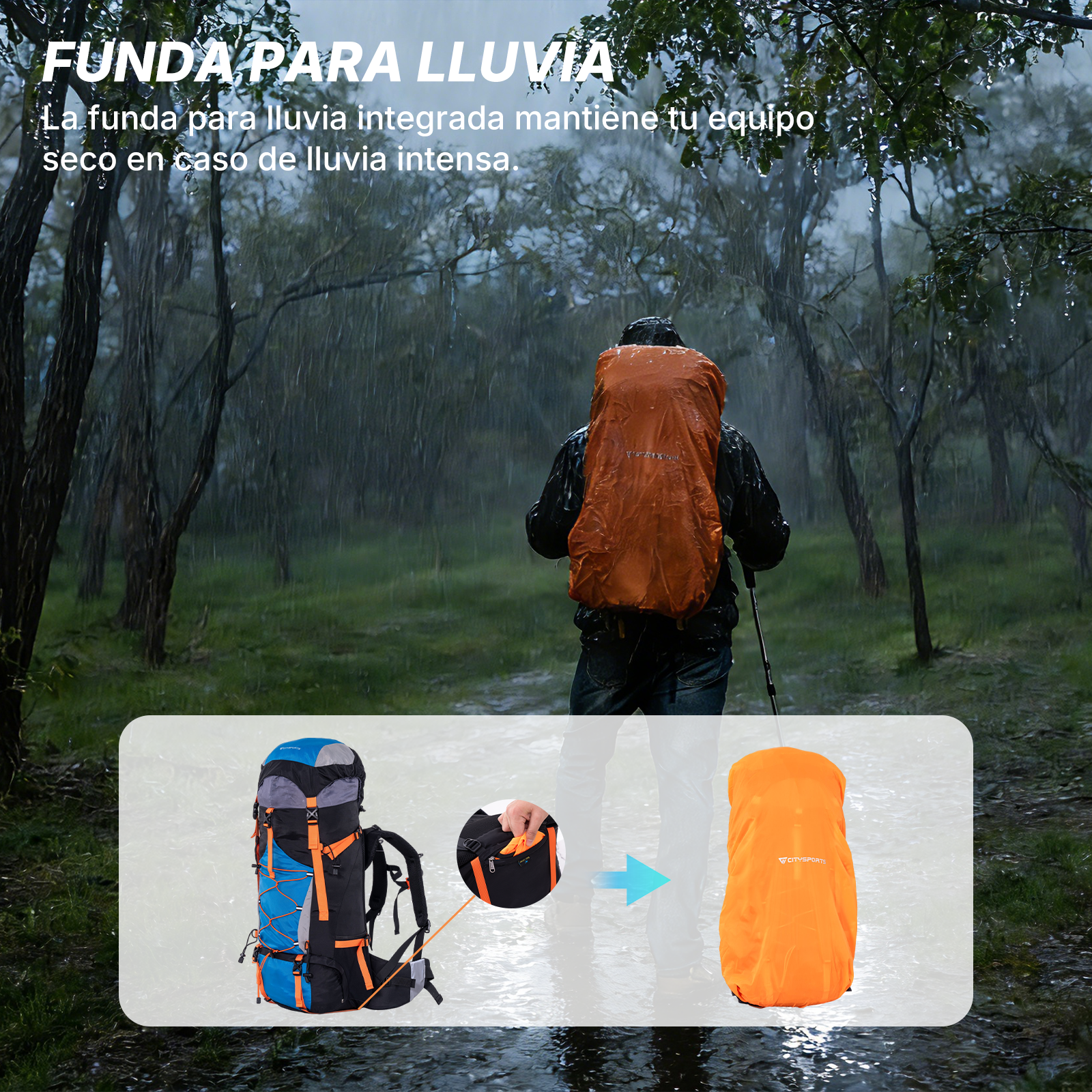 Un excursionista con mochila naranja bajo la lluvia, debajo una bolsa y una funda.
