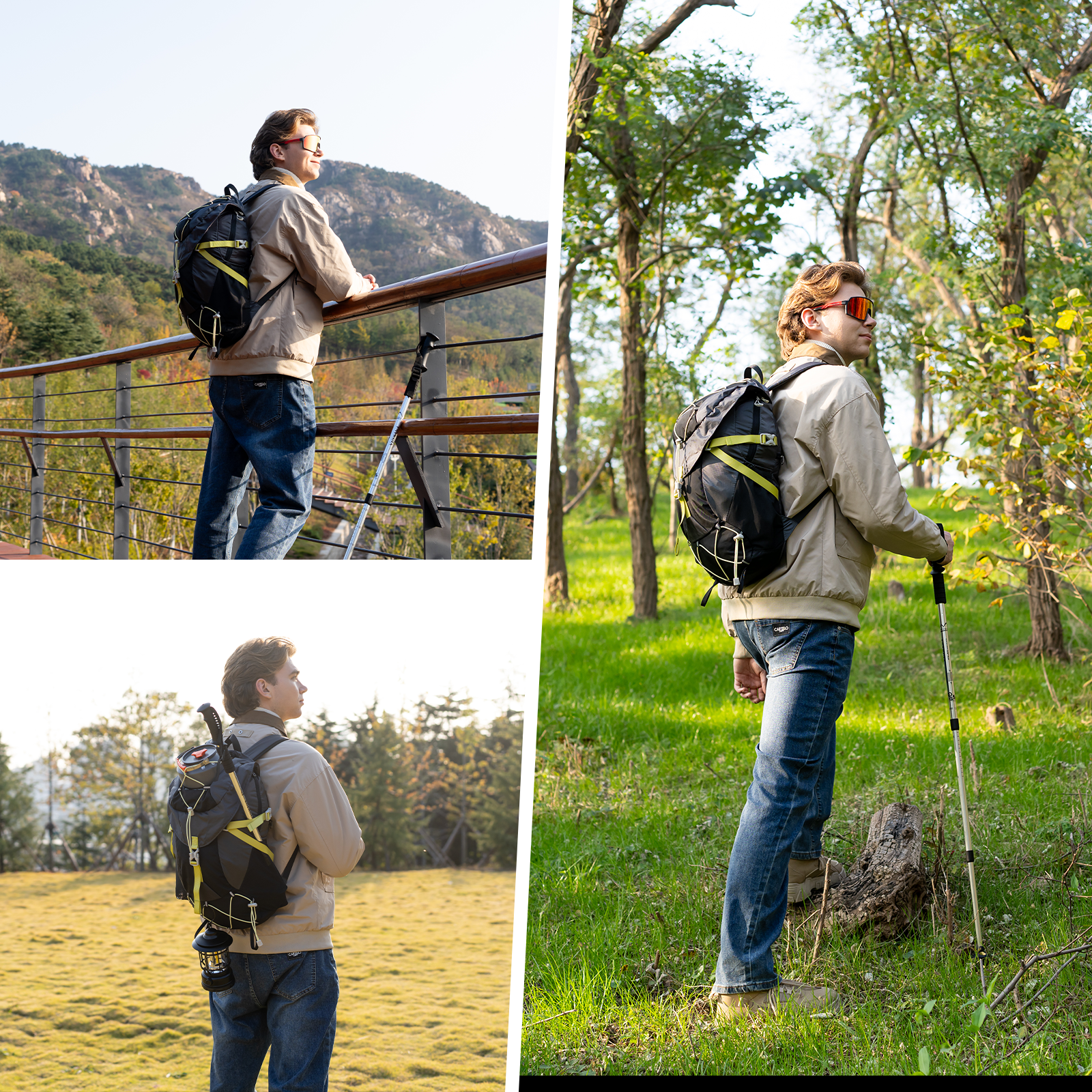 Mężczyzna z plecakiem i kijami trekkingowymi patrzy na góry i lasy.