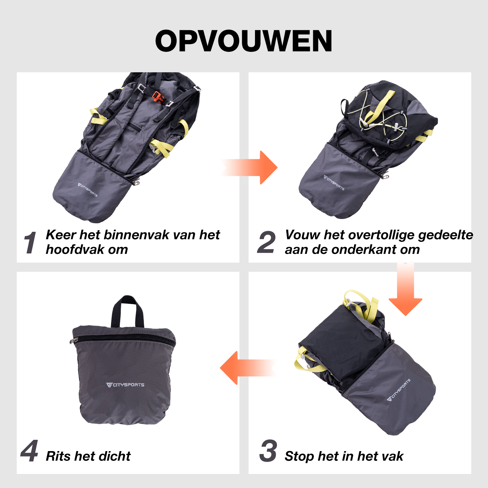 Instructions for folding a backpack in 4 steps.