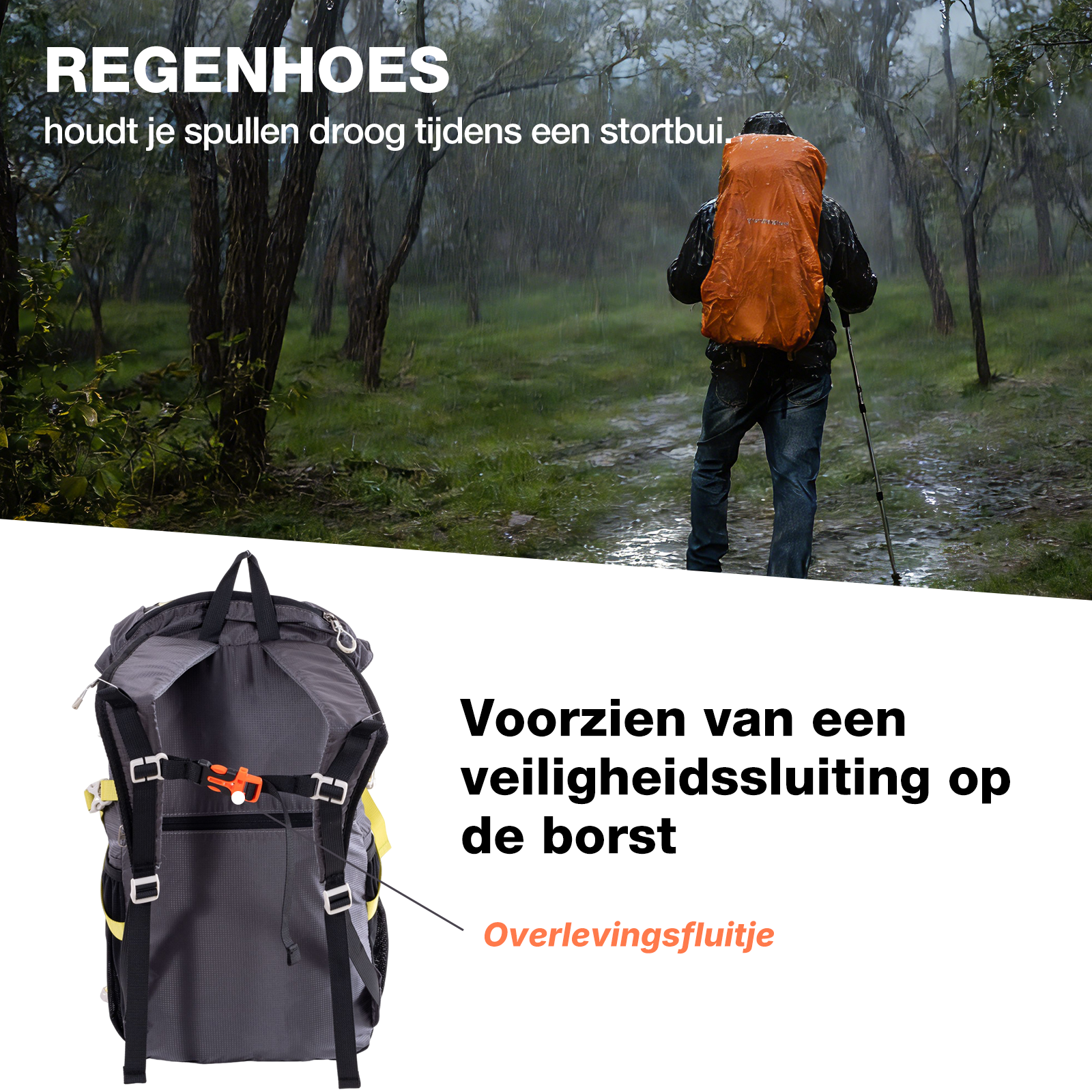 Hiker with orange backpack in rain; backpack with chest strap and whistle.