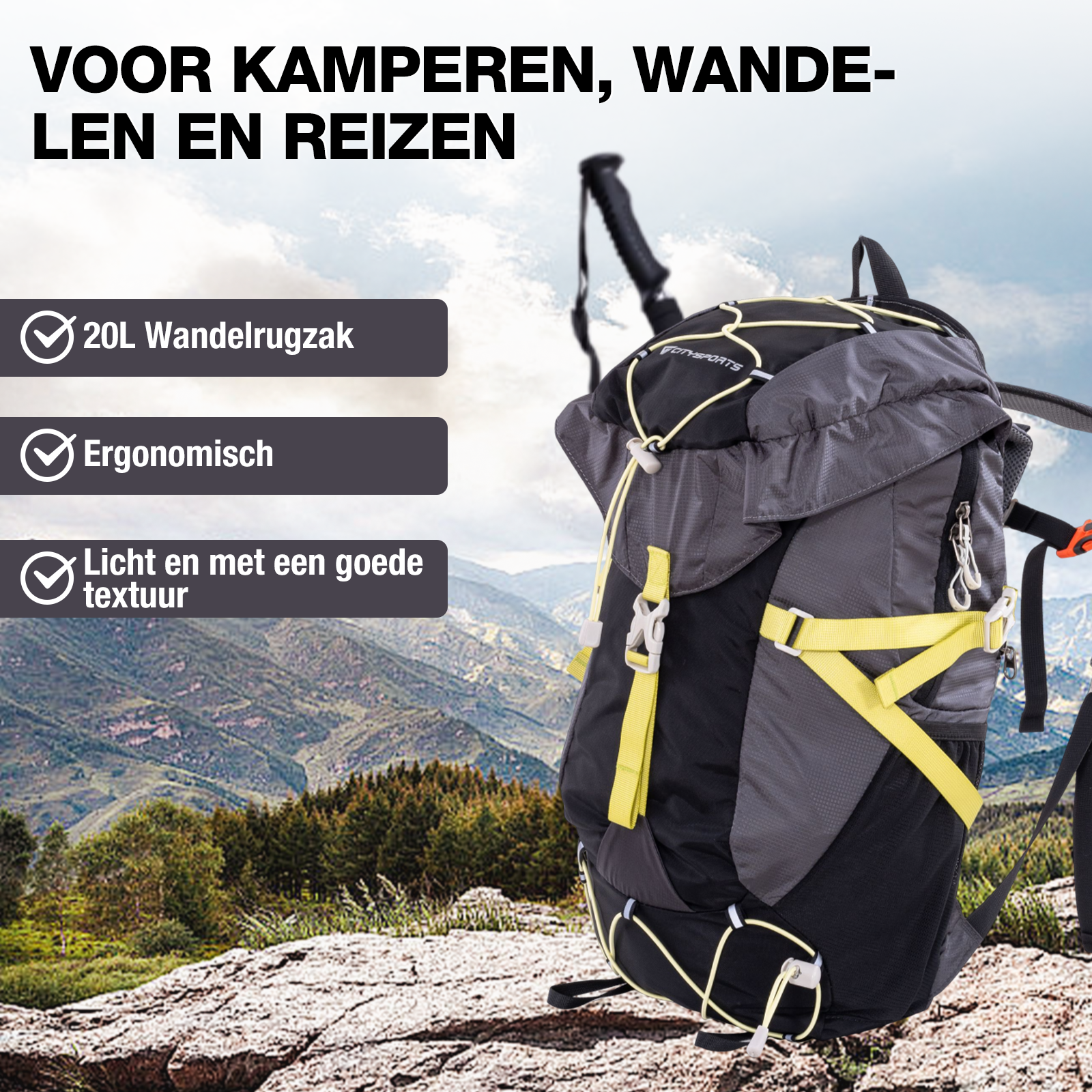 Gray backpack with yellow accents against a mountain landscape. Suitable for camping.