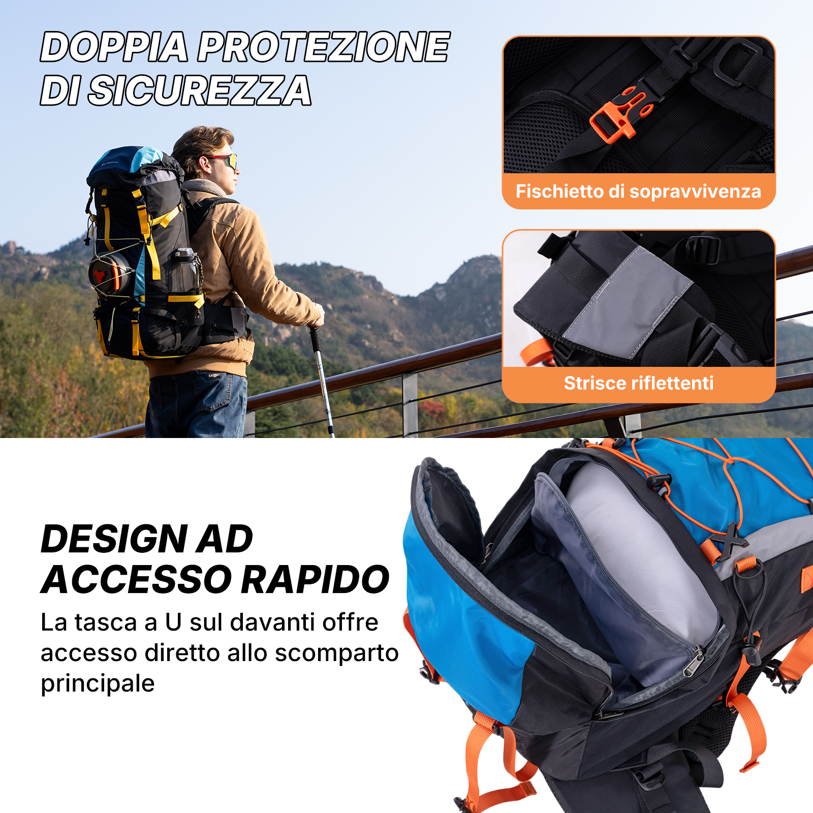 Un uomo con zaino e bastoni da trekking si trova davanti a montagne.