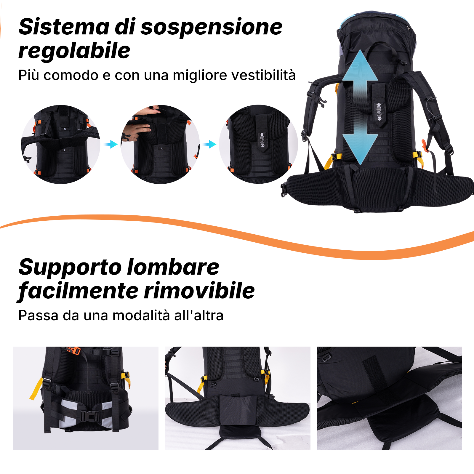 Zaino con sistema di sospensione regolabile e supporto lombare rimovibile.