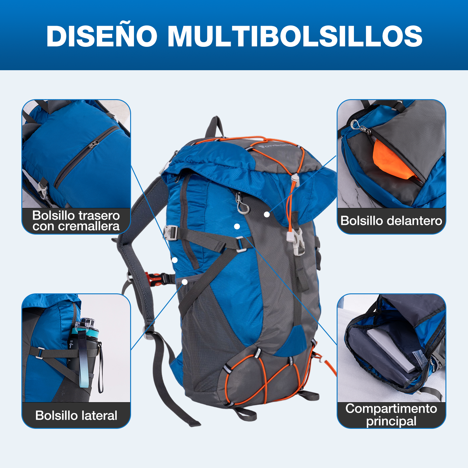Mochila azul y gris con múltiples bolsillos y cordones naranjas.