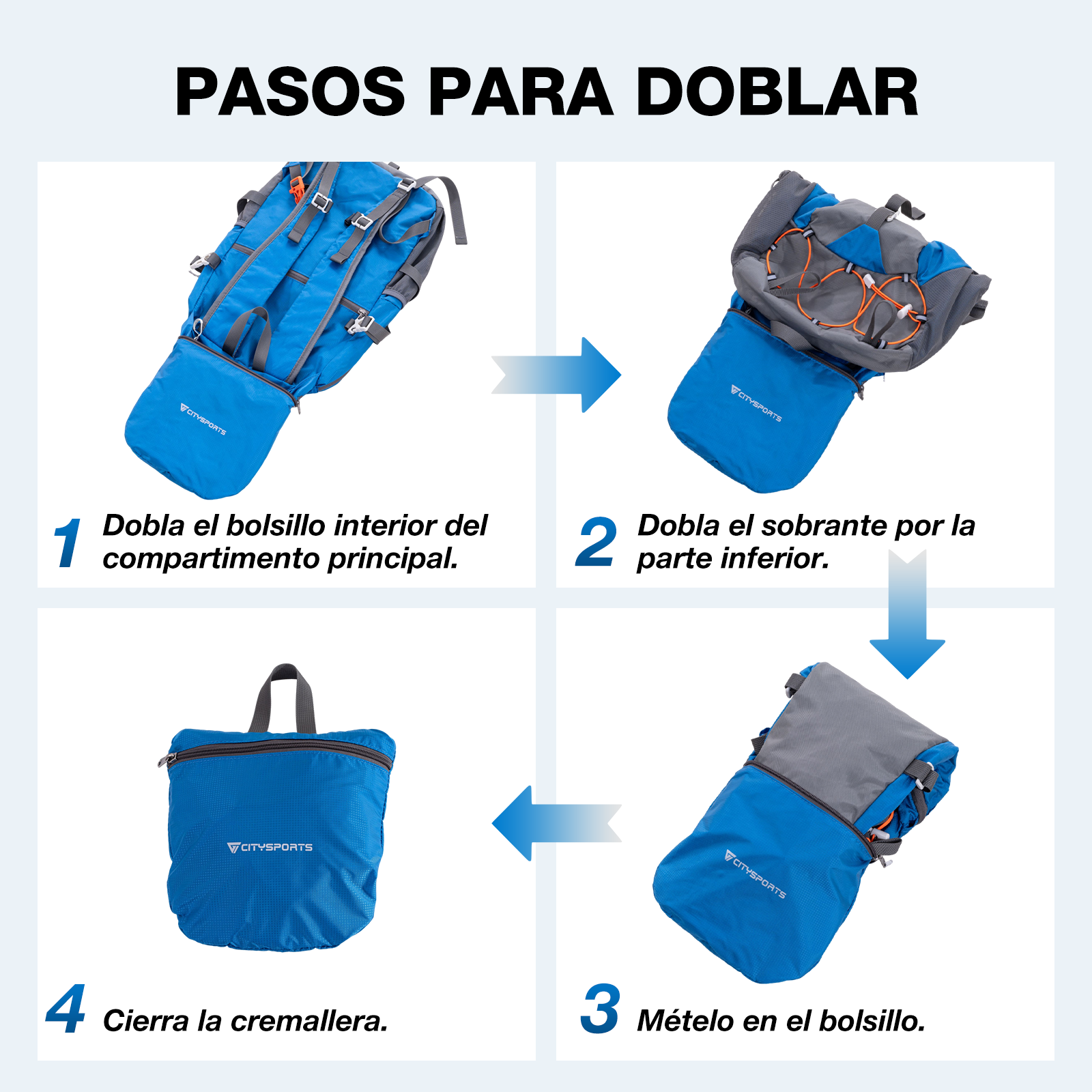 Instrucciones para doblar una mochila azul en 4 pasos.