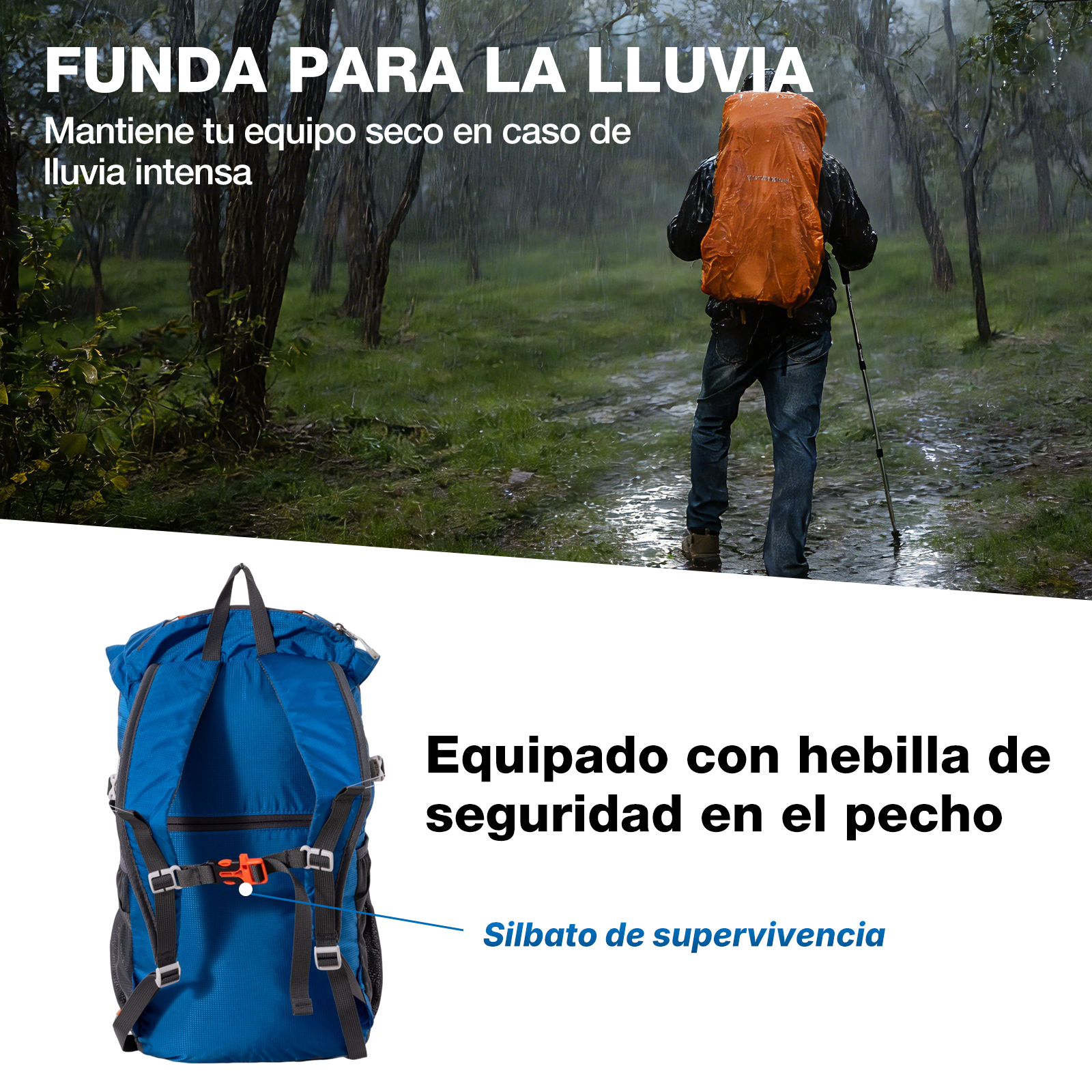 Una persona con chaqueta negra y vaqueros con una mochila naranja, haciendo senderismo en un bosque lluvioso, y una mochila azul.