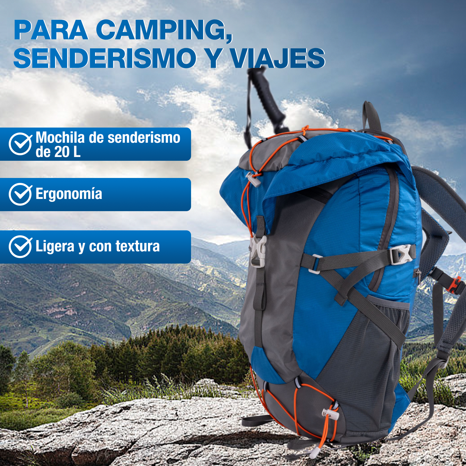 Mochila azul y gris en montaña con bastón. Texto resalta características.