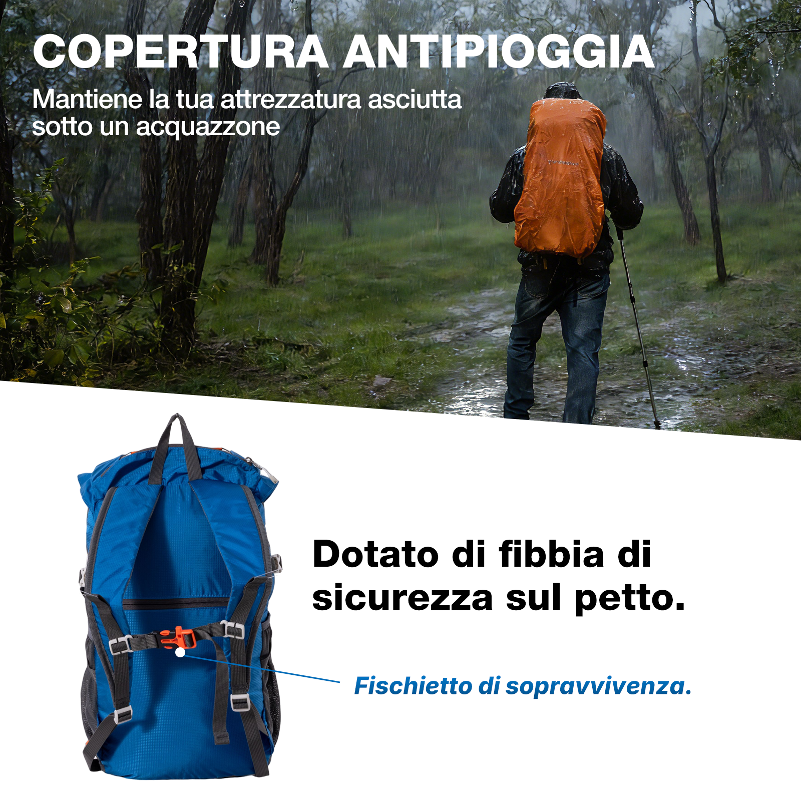 Un escursionista con zaino arancione sotto la pioggia, una borsa blu accanto.