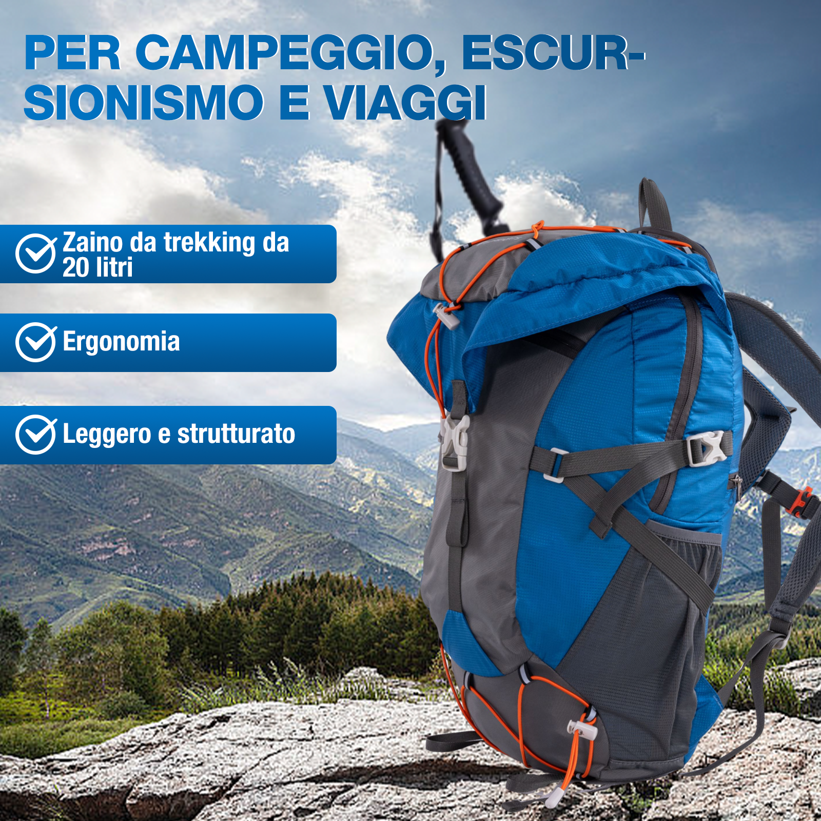 Uno zaino da trekking blu e grigio con bastoncini da trekking su sfondo montano.