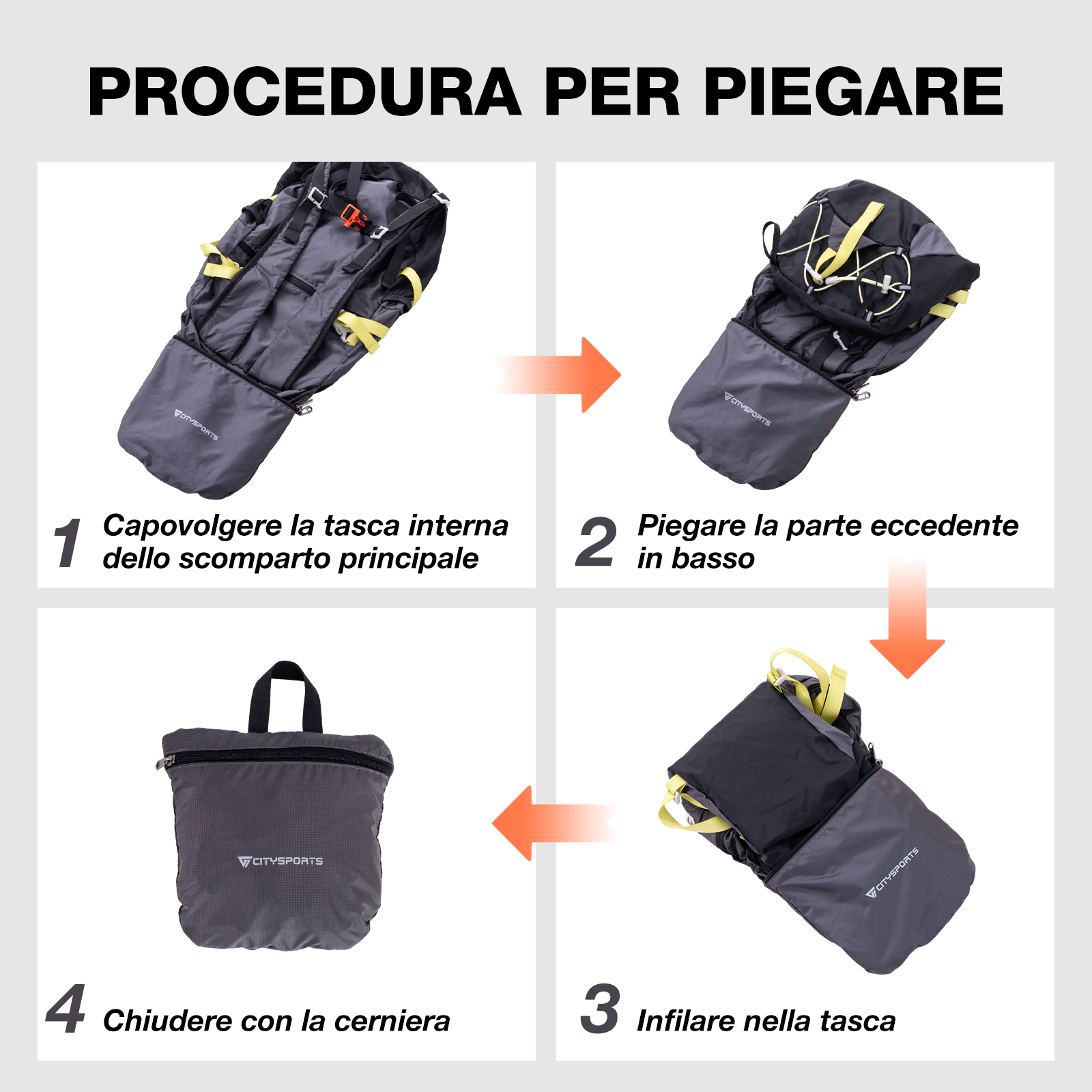Istruzioni per piegare uno zaino in quattro passaggi.
