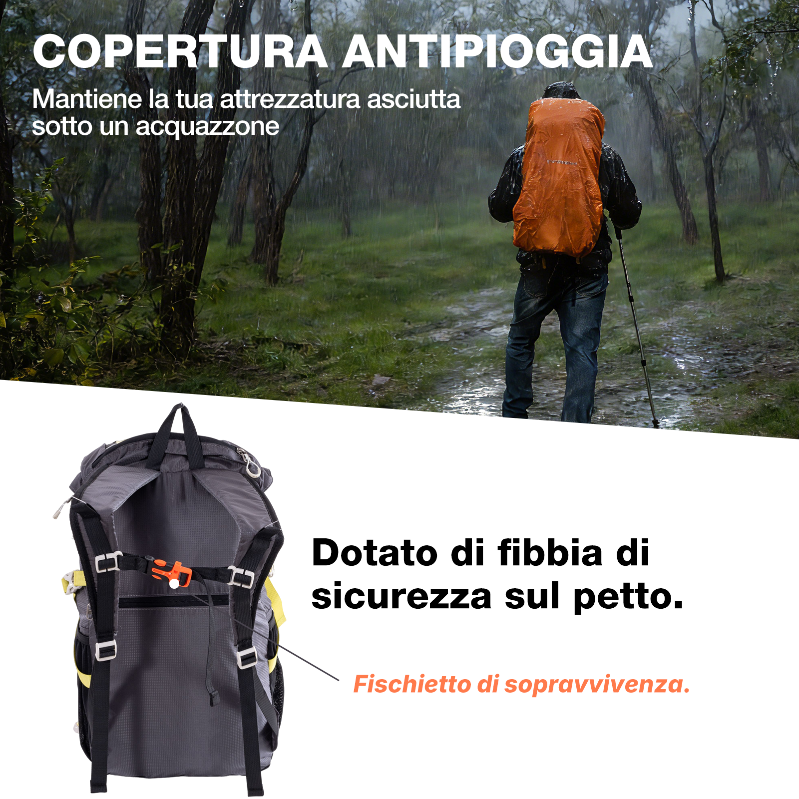 Un escursionista con uno zaino arancione in una foresta piovosa e una vista dettagliata di uno zaino grigio con fibbia pettorale.