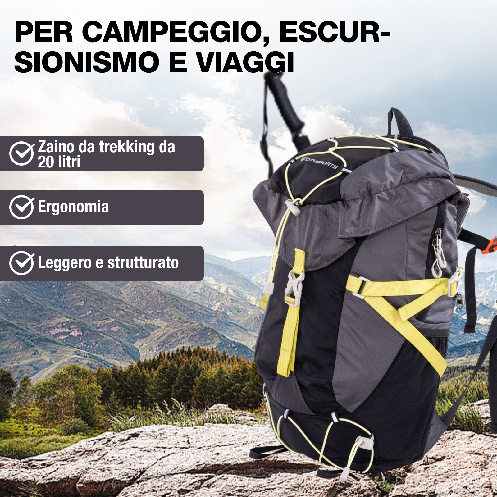 Uno zaino grigio con accenti gialli seduto su una roccia davanti alle montagne.