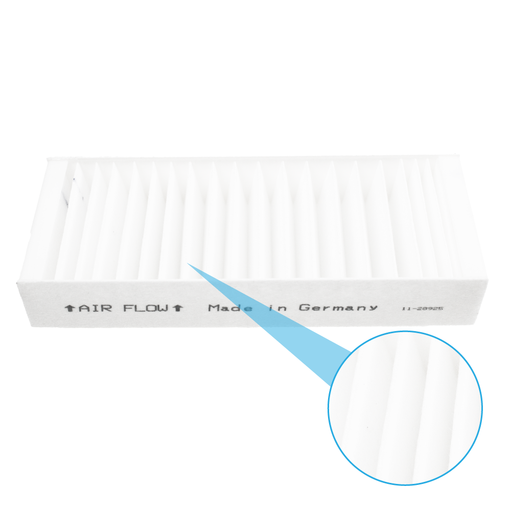 Un filtro dell'aria bianco con etichetta "Made in Germany" e "AIR FLOW".